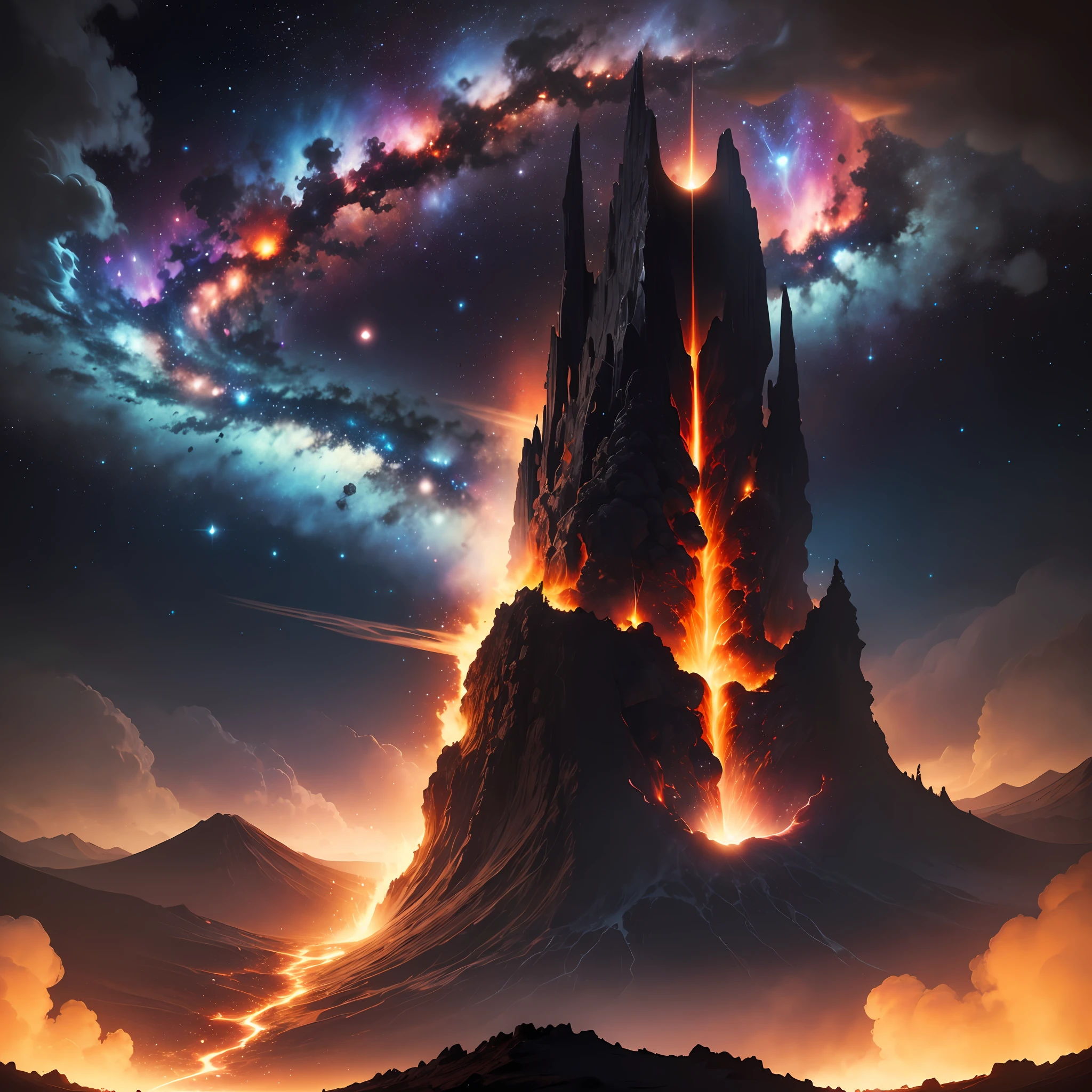Black holes in the distance are ravaging the Milky Way，Located in space，Deep starry sky，the boundless universe，mistic，fantasy，erupting volcano，It's full of danger，Magma everywhere --auto