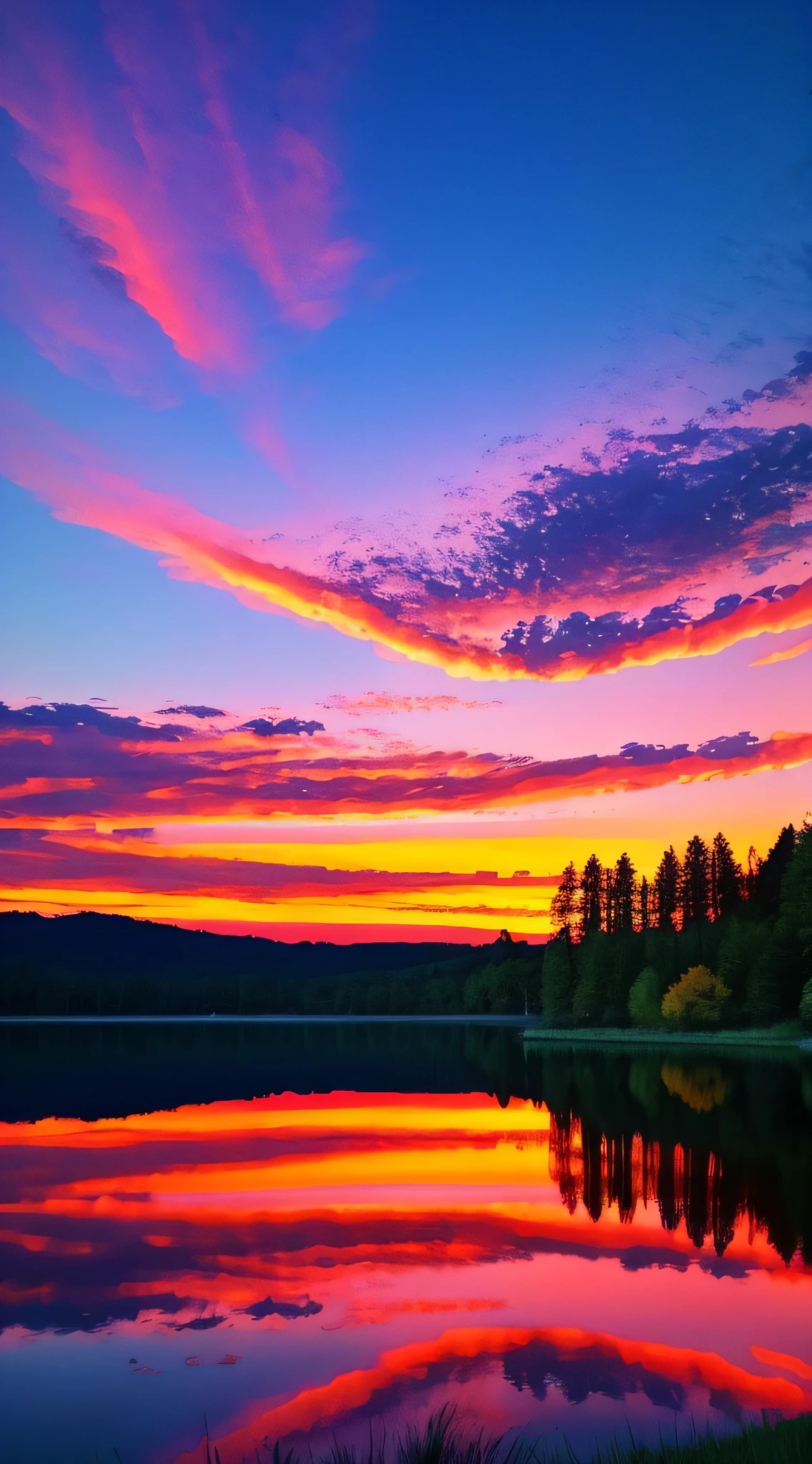 there is a beautiful sunset with a lake and trees in the background, colorful skies, surreal colors, colorful sunset, colorful sky, marvellous reflection of the sky, stunning sky, dream like atmosphere 8k, colorful clouds, colors reflecting on lake, surreal sky, red and blue reflections, fire reflection, beautiful sky, beautiful and spectacular dusk, beautiful dreamy landscape, amazing sky