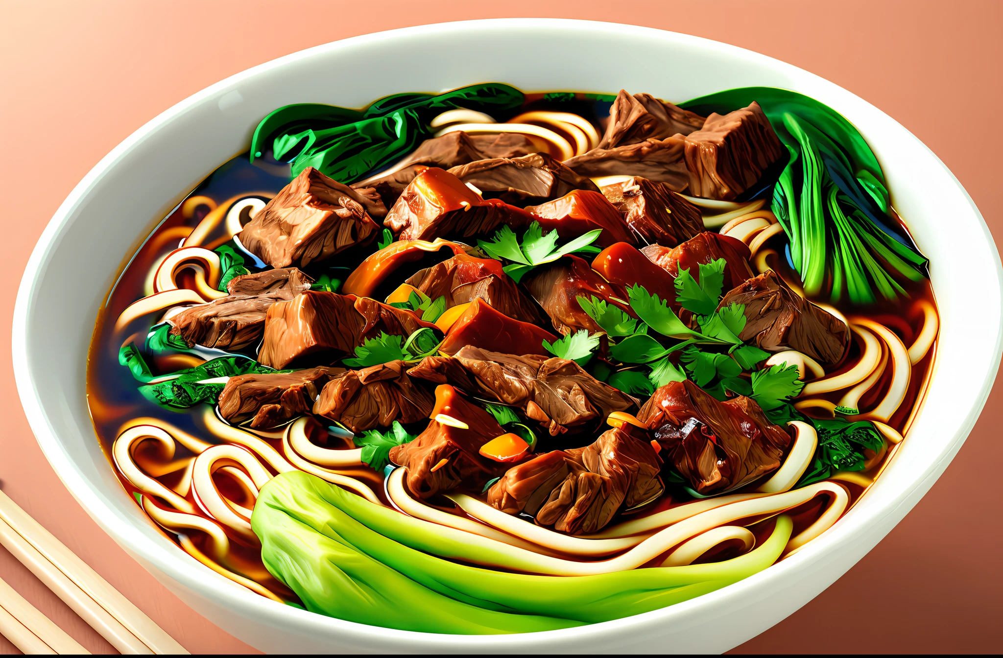 a bowl of beef noodle soup, ((masterpiece)),illustration,high detail, soft lighting, delicious, colorful, aesthetically pleasing, studio lighting, trending