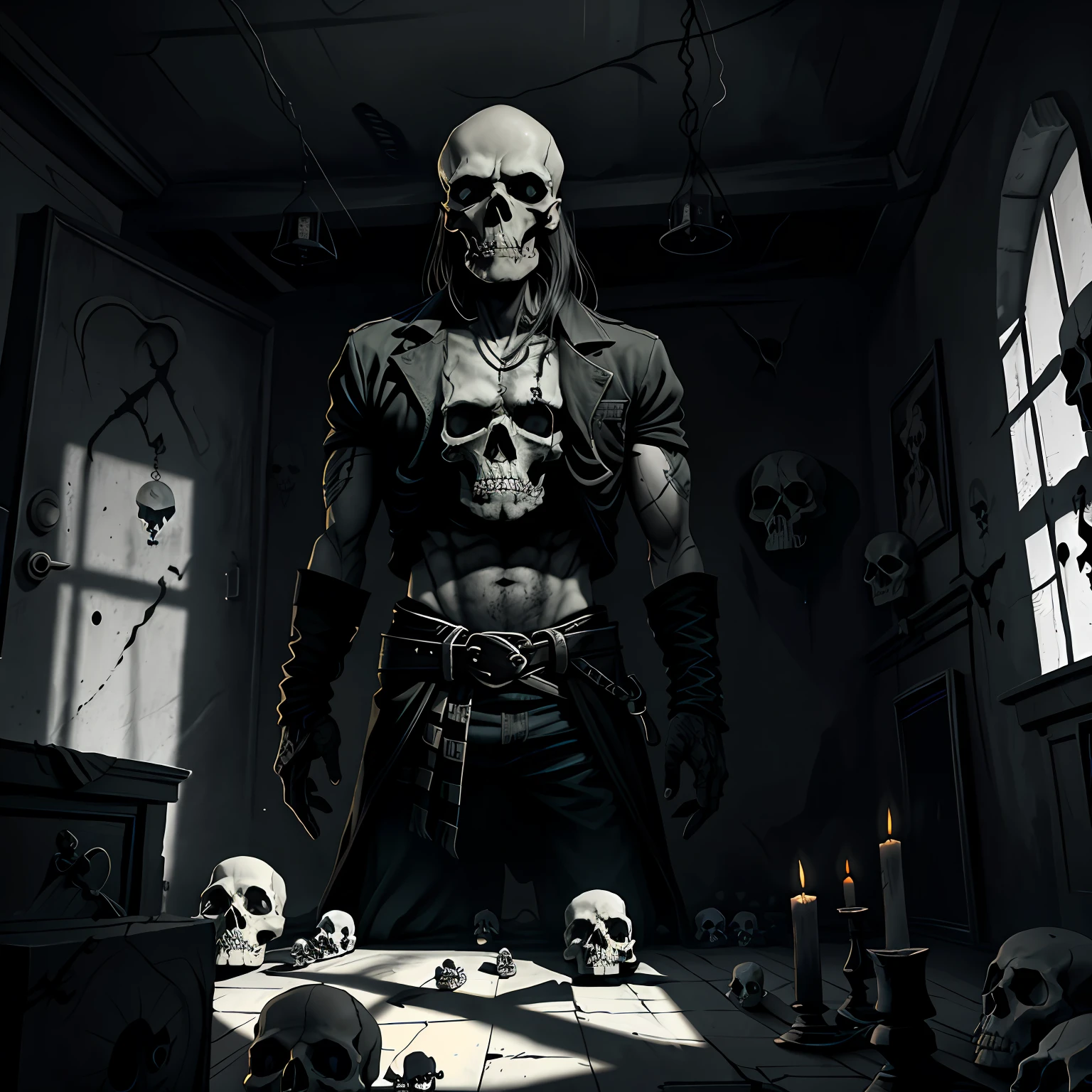 room. ominous shadows, skulls and accult drawings on the walls. The walls are a terrible sight! In the dead light of the lamp, droplets of a solid skull gleamed at them, and all looked sternly with the same extremely serious expression. The old man's body was lying on the floor, right in the middle of the room, without signs of violence and without a single trace of the killer