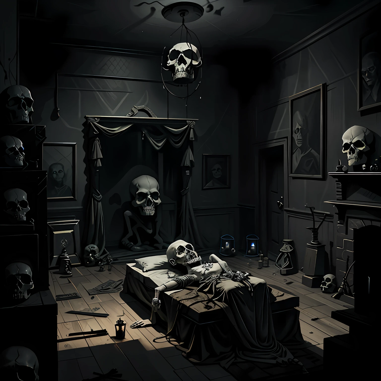 room. ominous shadows, skulls and accult drawings on the walls. The walls are a terrible sight! In the dead light of the lamp, droplets of a solid skull gleamed at them, and all looked sternly with the same extremely serious expression. The old man's body was lying on the floor, right in the middle of the room, without signs of violence and without a single trace of the killer