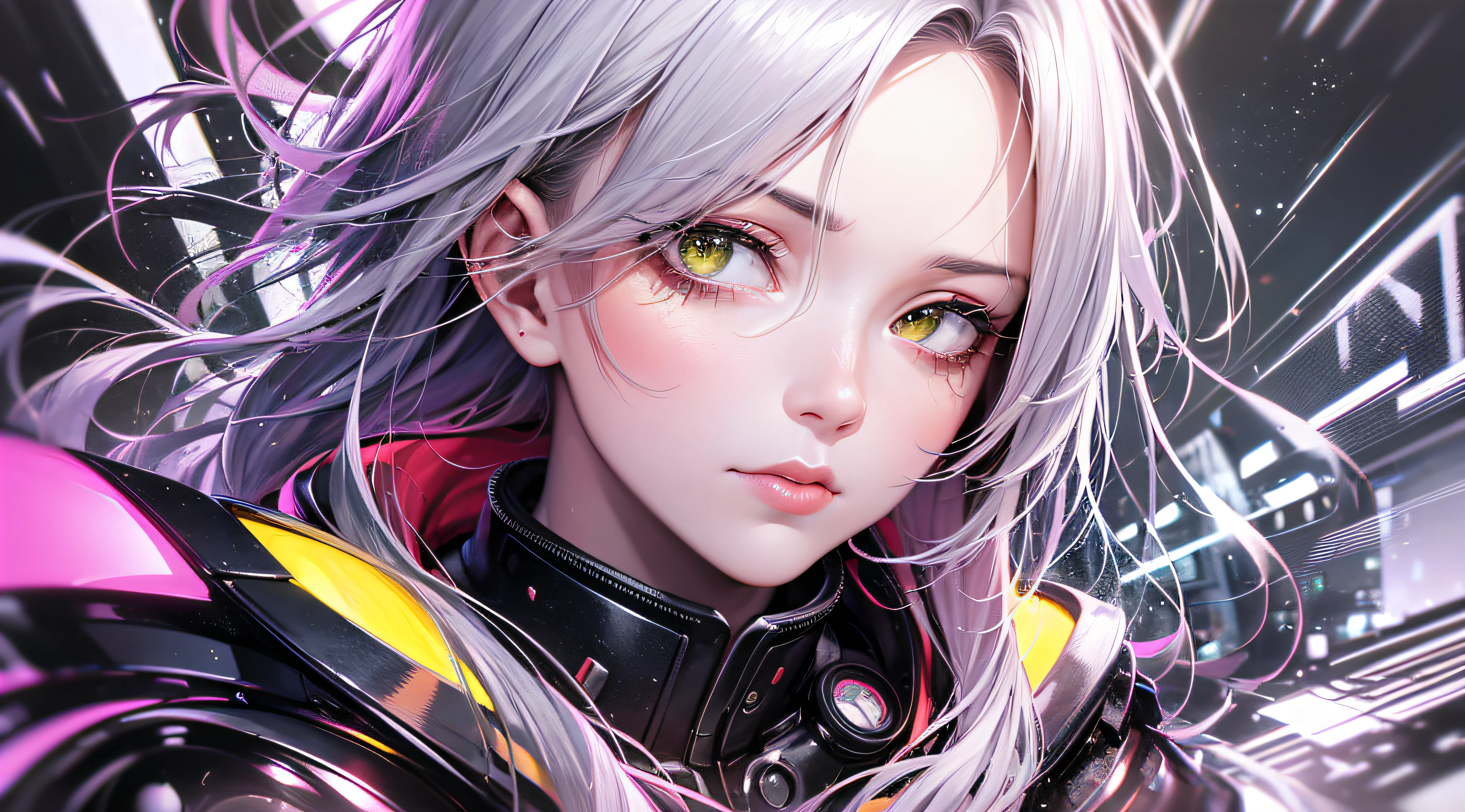 a japanese girl, Realistic, Light pink and yellow, charming character illustrations, yellow, Black and pink, Cyberpunk, Look down diagonally to the right, Icy stare, striated hair, multicolored hair, Silver hair, Pink hair, Empty eyes, makeup, Crazy, scowl, Jitome, Digital Art, surrealism, high detailing, Cubist Futurism, A futuristic, Realism, Glowing light, high detailing, Cubist Futurism, emphasis lines, NIKON, close-up, Textured skin, high details, awardwinning, hight resolution, Best Quality, nffsw, retinas, masutepiece, ccurate, Anatomically correct, Textured skin, Super Detail, high details, High quality, awardwinning, Best Quality, hight resolution