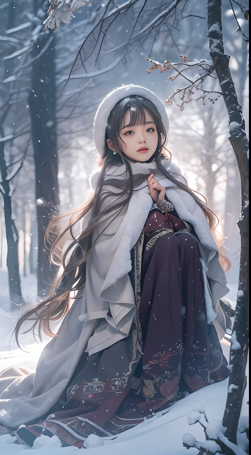 ((Works of masters)),(超高分辨率),1 girl, Sitting, ta costume,Cloak (Snow, Outdoor activities in winter:1.2),
