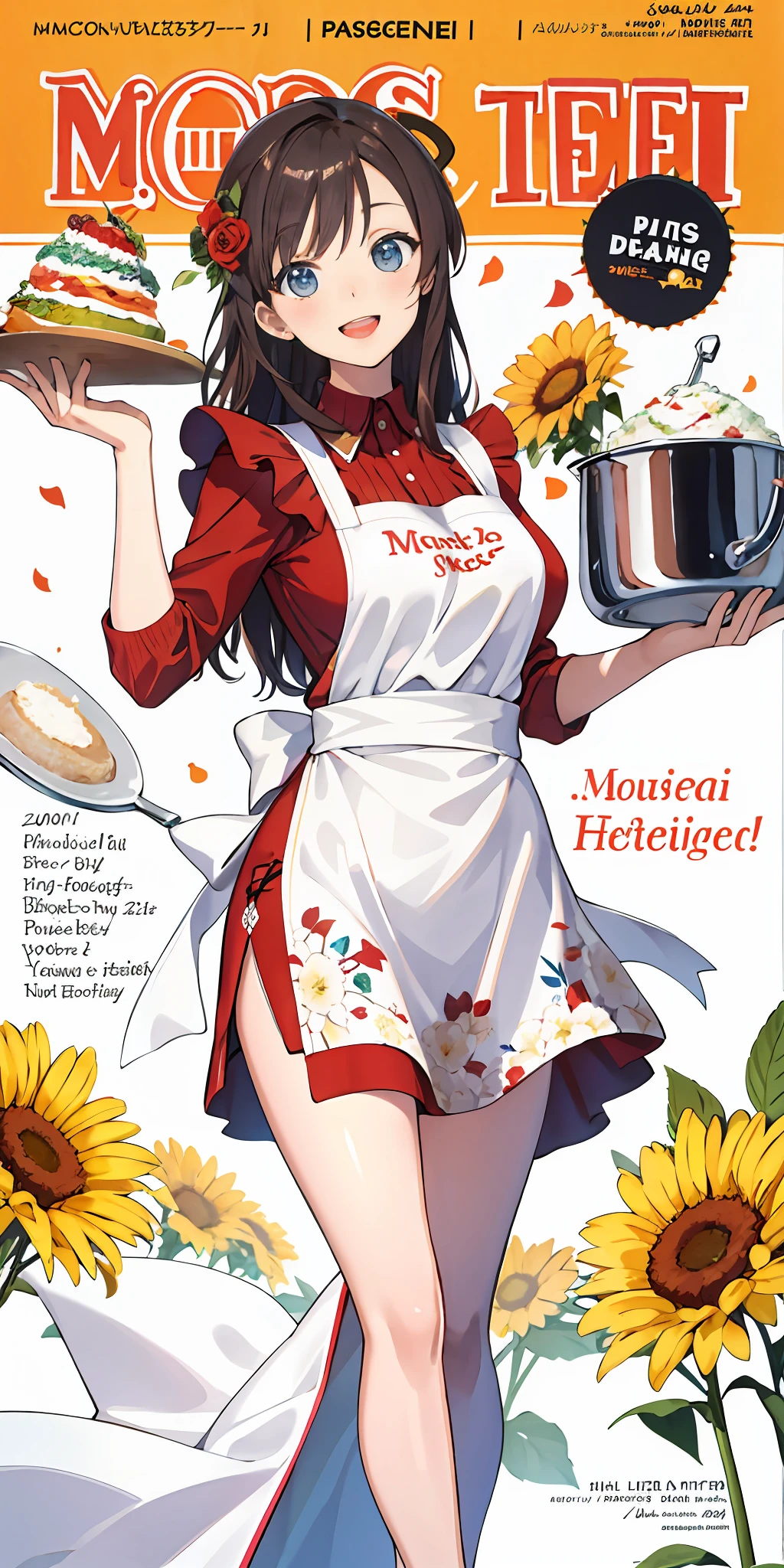 (Best Quality, Masterpiece), Women's Cooking Magazine Cover, 1girl, 20 years old, stunning, cute, warm smile, hourglass figure, floral dress, apron, food, text, chart, advertising, magazine title