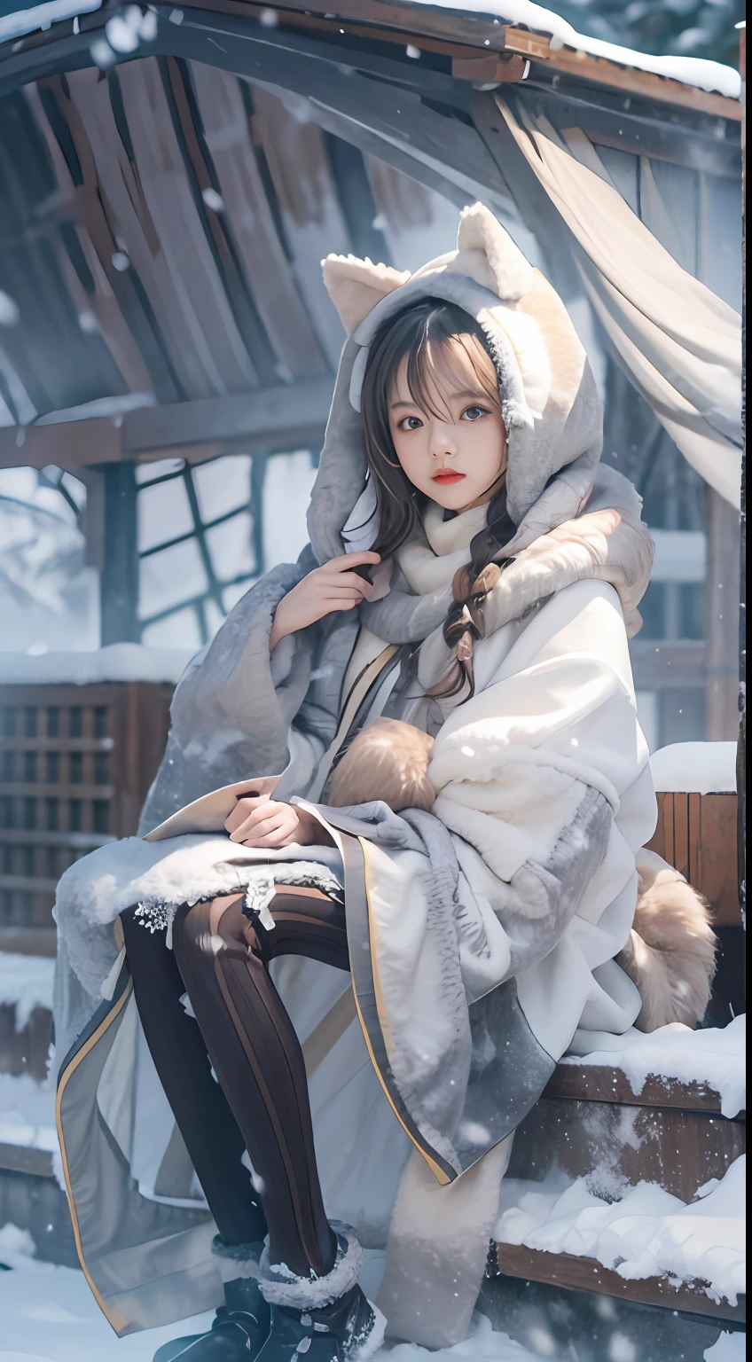 ((Works of masters))，(超高分辨率)，1 girl, Sitting, Lolita costume，Cloak (Snow, Outdoor activities in winter:1.2),