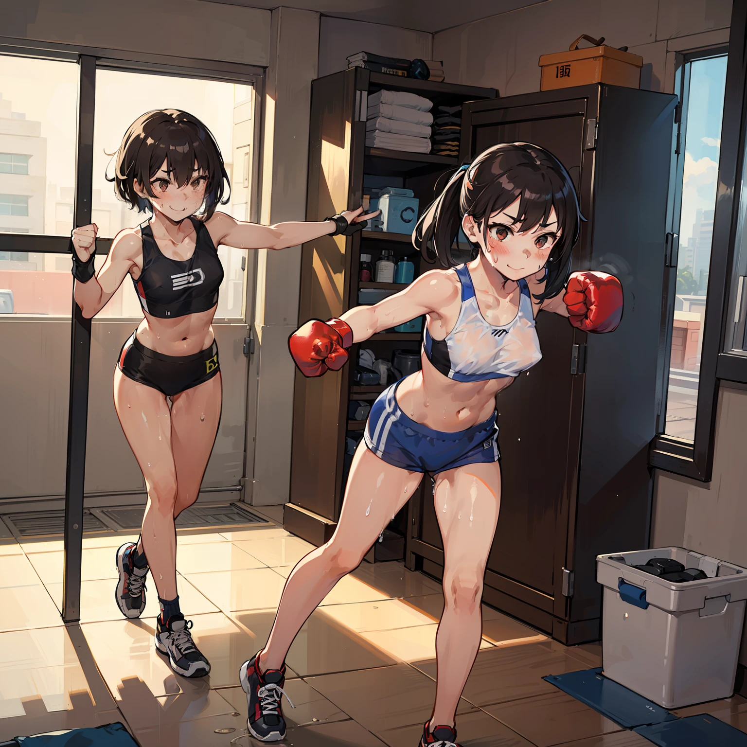 2 girls、fitness wear, shortspats、Sportsbra、Tank Tops、masterpiece、top-quality、realisitic、Hyper-detailing、(Glossy skin、be sweaty:1.4)、absurderes、Looking at the camera、short dark hair、Brown-eyed、A slender、动态照明、hight resolution、foco nítido、depth of fields、A detailed eye、Sharp eyes、Realistic eyes、(small tits:1.6)、(thick thight:1.0)、、Women's locker room、Locker Room、Shower room、Change of clothes、Half-undressed、Lower breast、pov from down、Full Body Display、Training Machine、Treadmill、Weight training、perspiring、moisture、punching bag、martial art、Boxer Size、Open Finger Gloves、shelves、punch、Spinning kick、Take off the bottom、Love Juice、A smile、red blush、teats、Sweat-see-through clothing、Hitting the punching bag、Hitting the punching ball、Climb into the ring