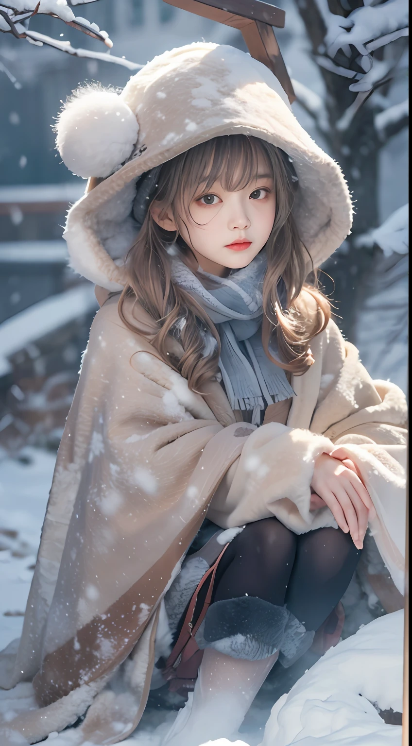 ((Works of masters))，(超高分辨率)，1 girl, Sitting, Lolita costume，Cloak (Snow, Outdoor activities in winter:1.2),