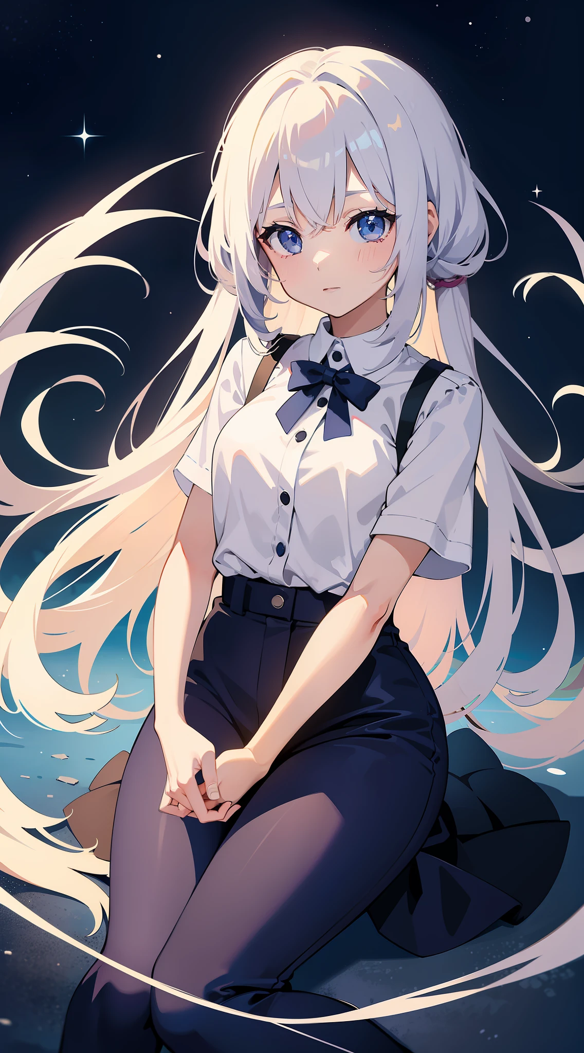 Become a woman。magical 。Wearing a white T-shirt and dark blue pants。Wishing for a starry sky。Hope for the universe。It is an anime-style illustration。Beautiful with the best image quality