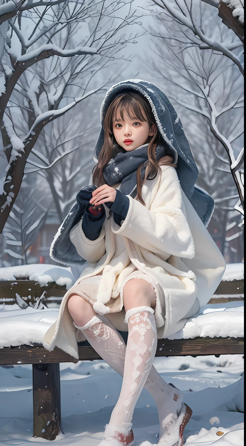 ((Works of masters))，(超高分辨率)，1 girl, Sitting, Lolita costume，Cloak (Snow, Outdoor activities in winter:1.2),