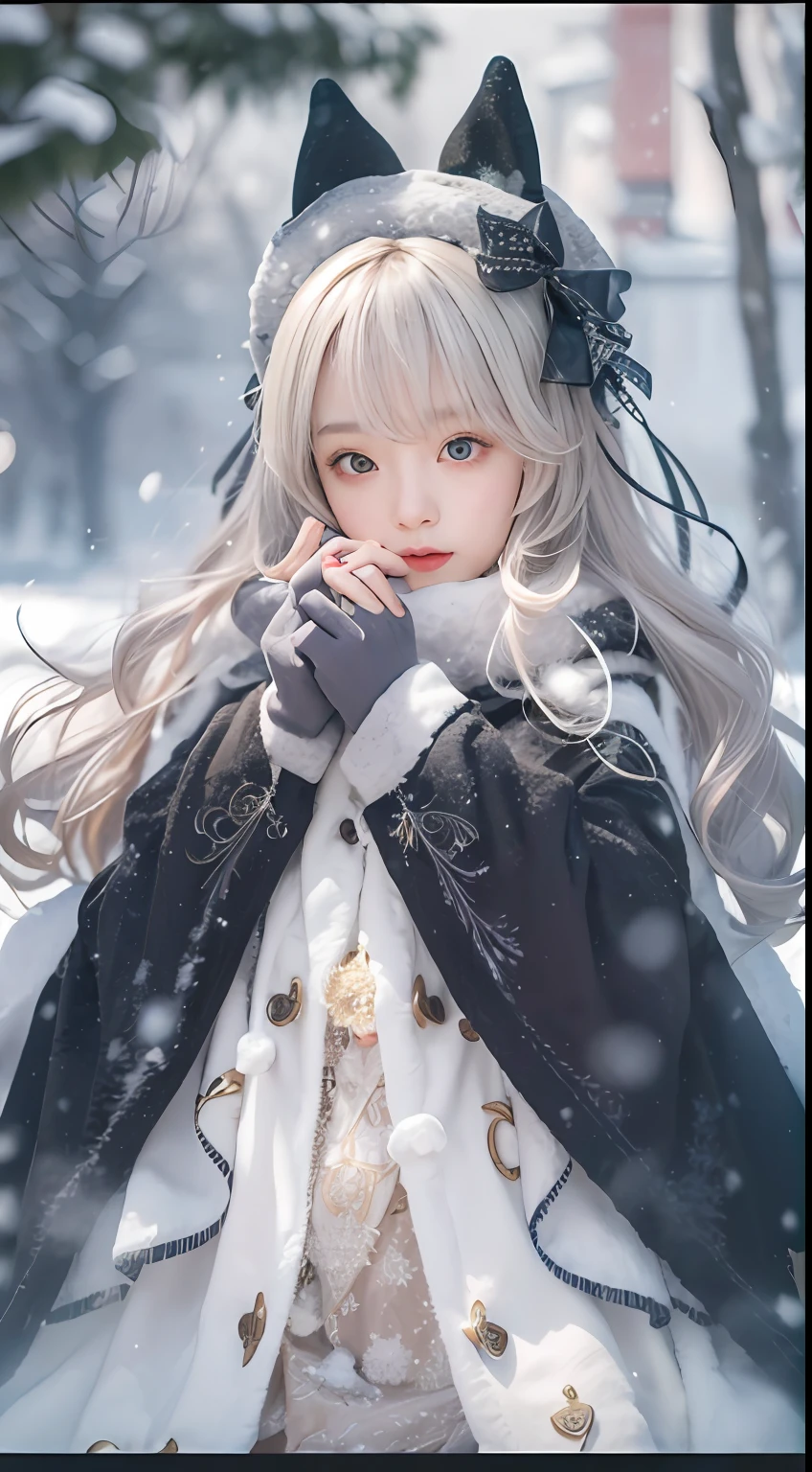 ((Works of masters))，(超高分辨率)，1 girl, Sitting, Lolita costume，Cloak (Snow, Outdoor activities in winter:1.2),