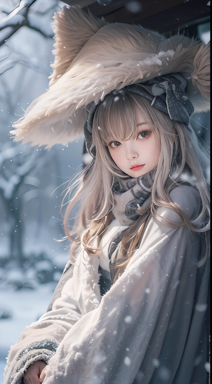 ((Works of masters)),(超高分辨率),1 girl, Sitting, Lolita costume,Cloak (Snow, Outdoor activities in winter:1.2),
