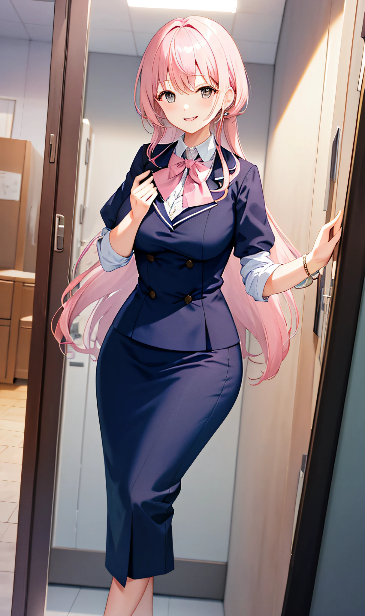 ((masterpiece, best)),(1girl),((mature woman)), light pink hair, dizzy, trumpet, ((office lady)), bangs, mid-chest, (full), slim, smiling, [wide hips] ,office,standing, aru \(blue archive\),