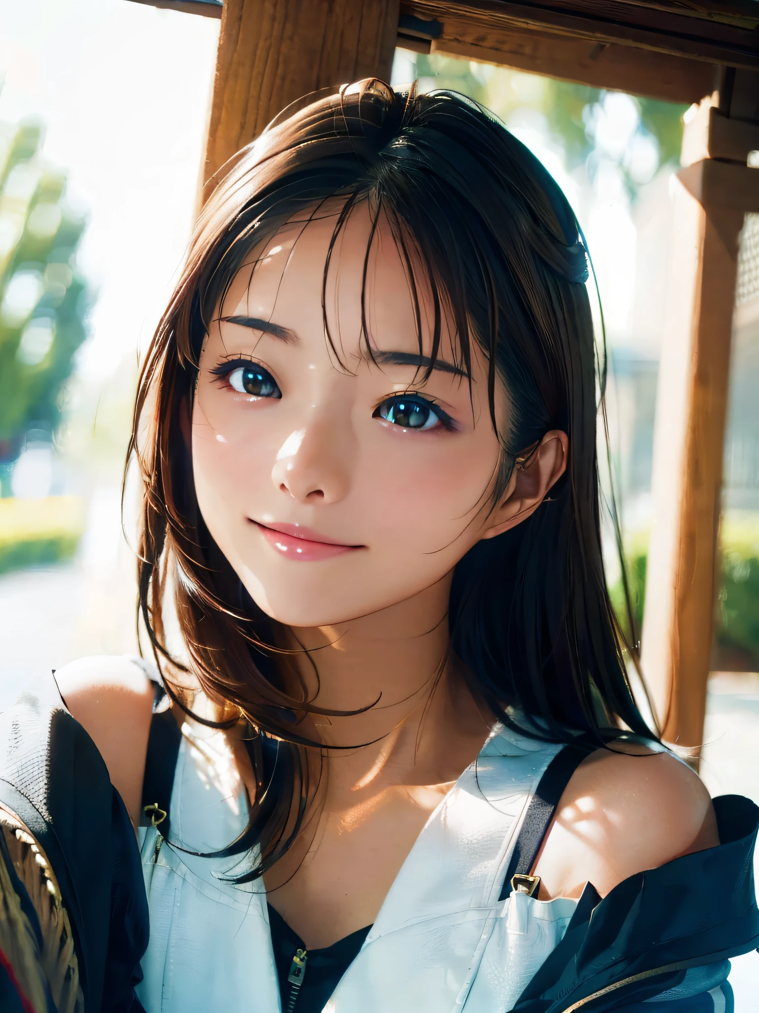 (Best Quality:1.2, 8K, Sharp Focus, master piece: 1.2, natural Light, extremely details CG, beautiful Girl, reality, Detailed face textures, Realistic skin, beautiful makeup, Detailed bangs)), (depth of fields), Bokeh background, Head tilt, Smile, closes mouth, shiny black long hair, Cowboy Shot, arm up, jacket off shoulder, wind, looking away