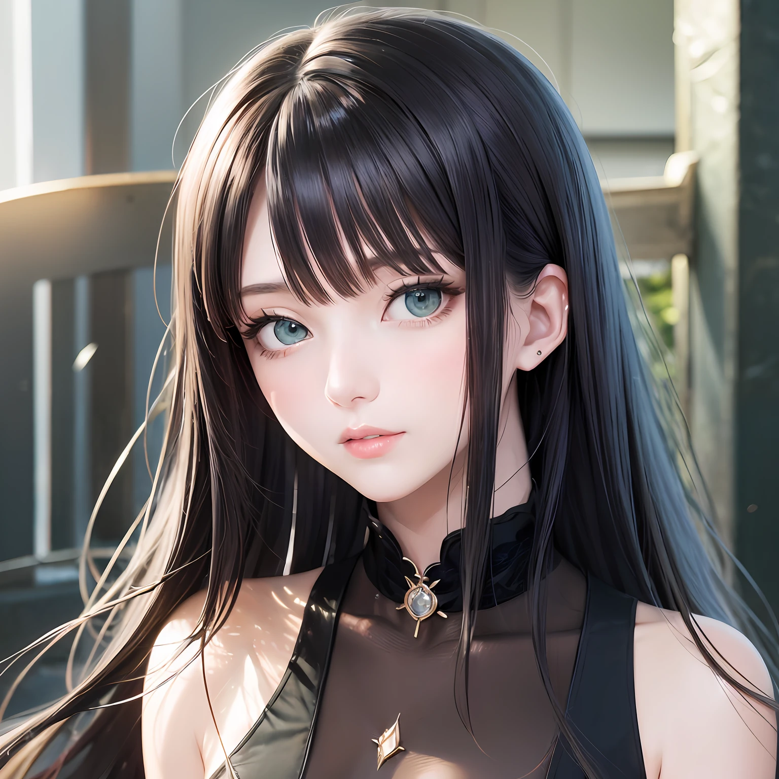 animesque、Clear, Moisturizing sea green eyes、Beautiful woman like a fashion model、a closeup、portlate、Beautiful, Beautiful black hair without hair ornaments, hight resolution, top-quality, masterpiece, 8k wallpaper、 One Person、Beautiful skin、17age、