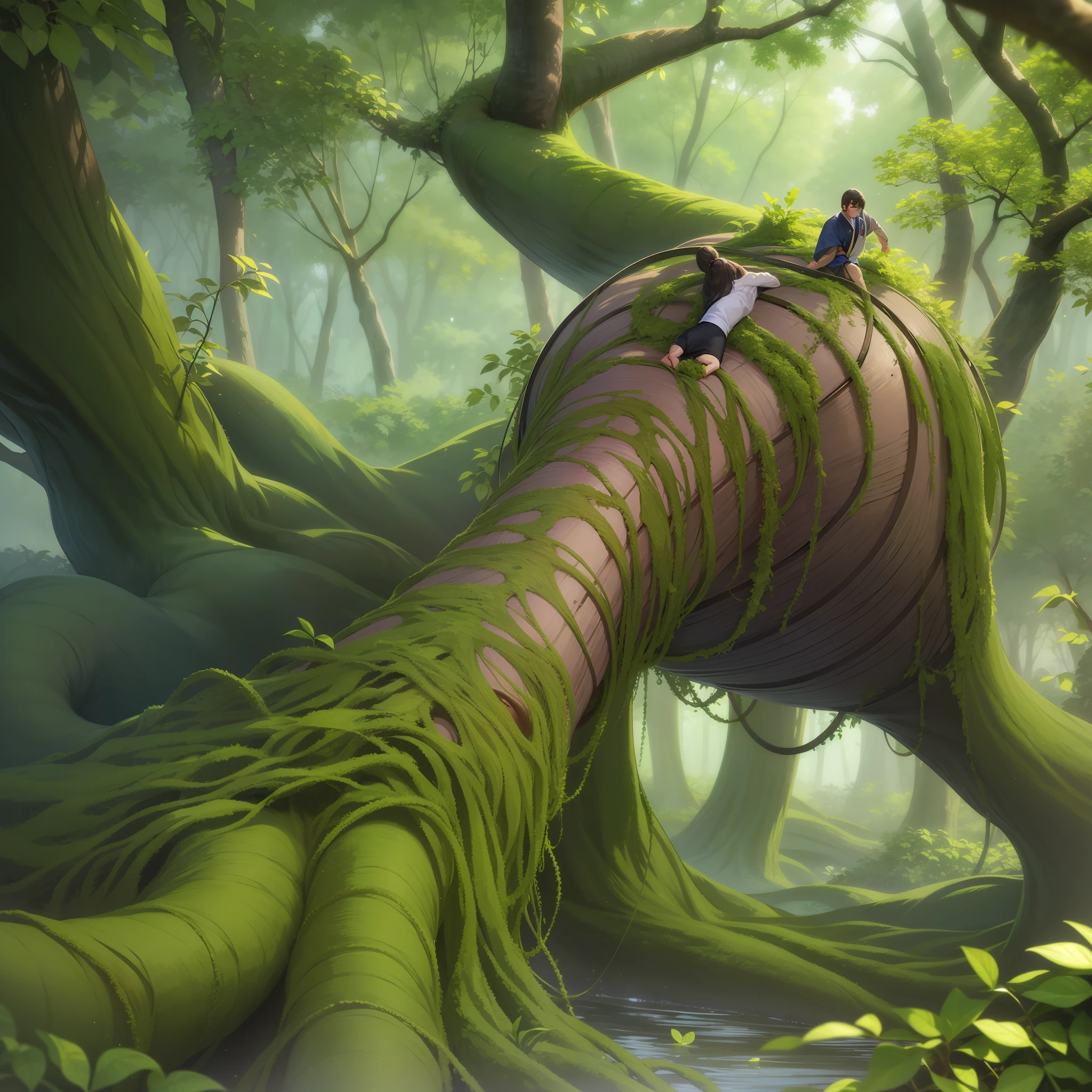 In the middle of a deep forest, A big tree, Man embedded in an unnatural tree, Man entangled in ivy, Twist Arm, Twisted body, Swirling body, Deep in the forest, Assimilate with nature, japanes, Whole body, Faithful reproduction of a real human being, Very realistic, High quality, 8k resolution Photorealistic masterpiece