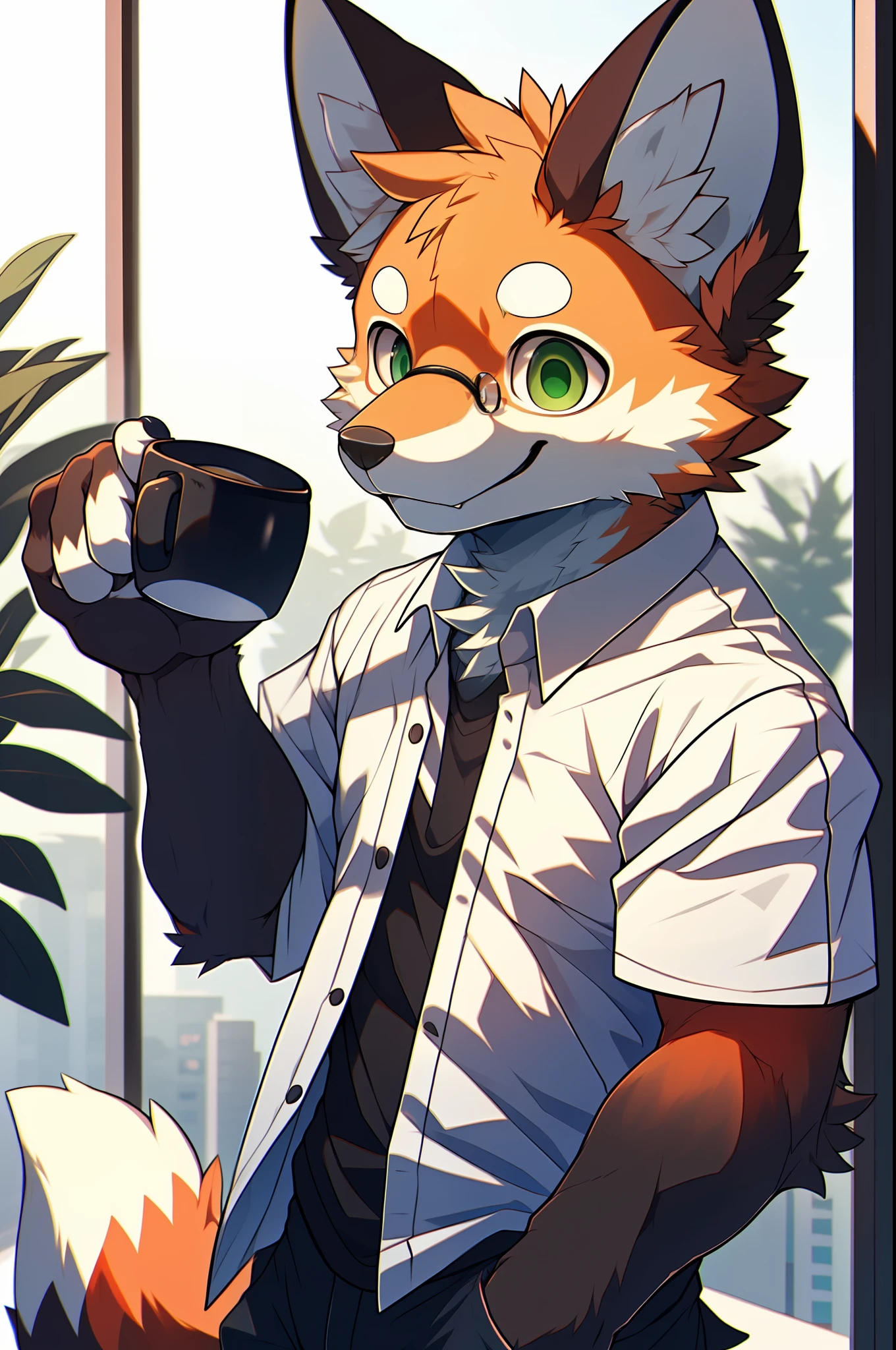 depth of fields，lighting perfect，light particules，（best qualtiy），（tmasterpiece），（ultra - detailed），Sharp focus，light particules，niji，red fox，male，old age，mature temperament，eyesgod，green_eyes，smile，solo，furry，animal_ear_fluff，eye glass，Crossed waist with one hand，The upper part of the body，coda，short sleeved shirt，rays of sunshine，城市，mysterious smile，holding coffee，