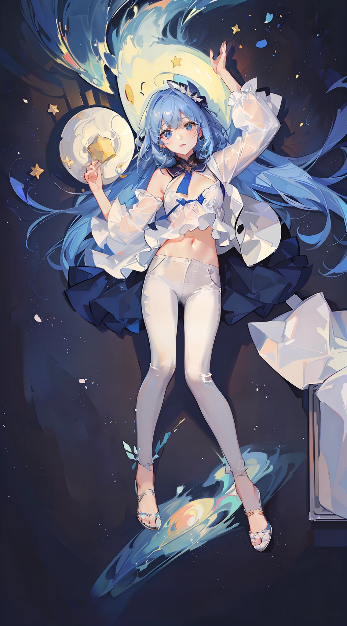 Become 。magical 。Wearing a white T-shirt and dark blue pants。Wishing for a starry sky。Hope for the universe。It is an anime-style illustration。Beautiful with the best image quality