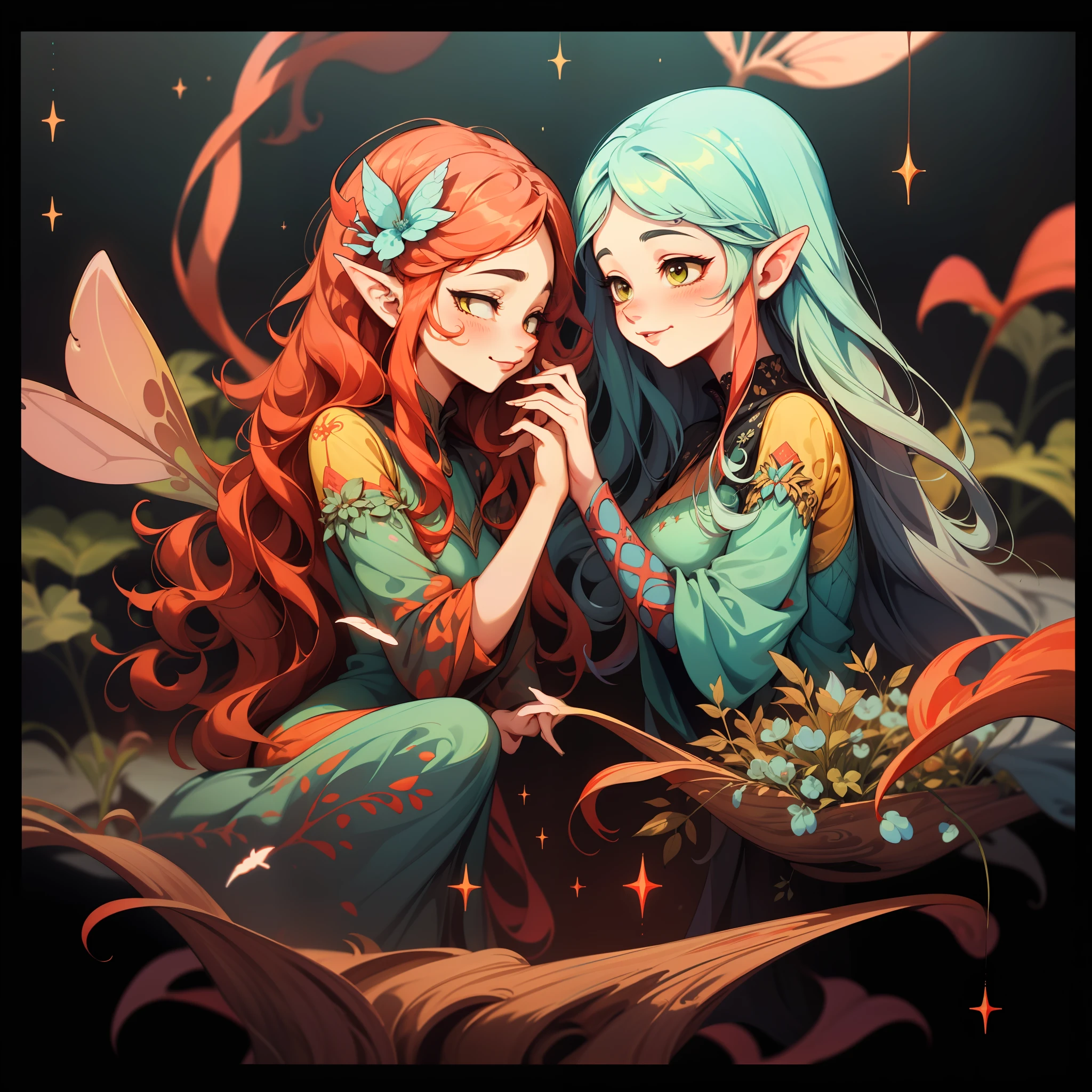 adesivo, fundo simples, retrato, 2 girls, couple, girl with long hair, girl smilling, fairy aesthetics, beautiful fairy girl, very beautiful fantasy art, beautiful and elegant female fairy, beautiful detailed fantasy, red and yellow color palate, red color-theme
