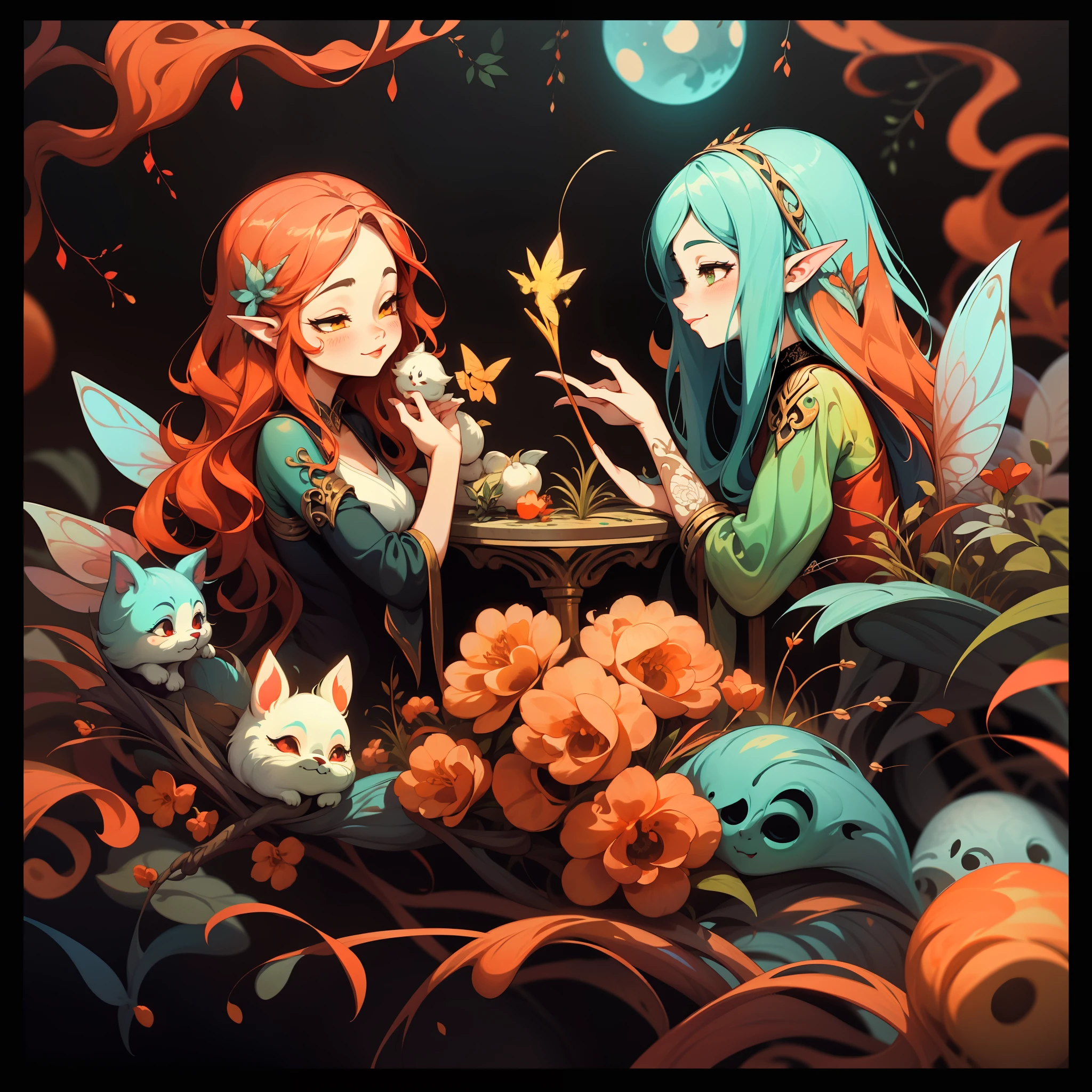 adesivo, fundo simples, retrato, 2 girls, couple, girl with long hair, girl smilling, fairy aesthetics, beautiful fairy girl, very beautiful fantasy art, beautiful and elegant female fairy, beautiful detailed fantasy, red and yellow color palate, red color-theme