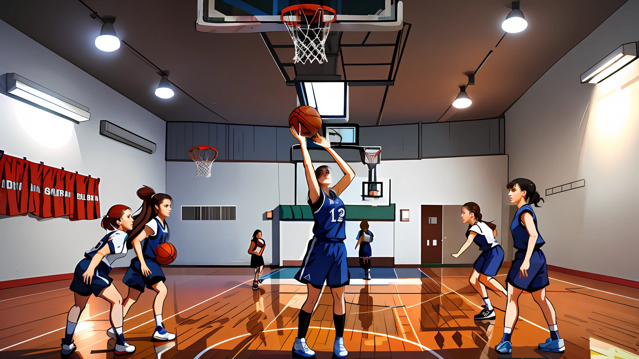 basketball playground，Basketball game，Frontal shot，Five women，