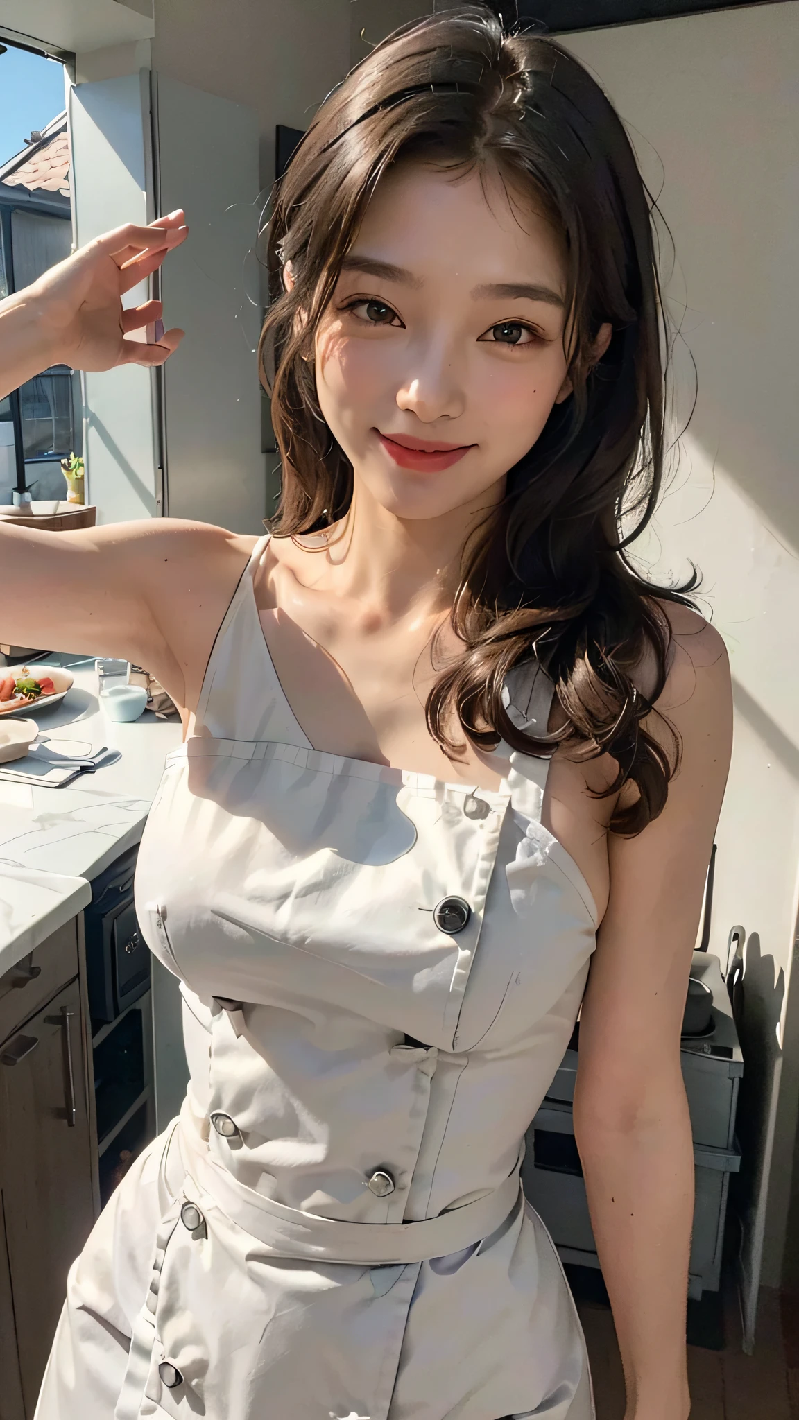 ((Chef)), ((Kitchen)), ((Top Quality, 8K, Masterpiece:1.3)), Various poses, Pretty woman, 1 woman, Big breasts:1.3, Slender figure:1.1, firm abs, happy smile, dark brown hair, very detailed face, detailed lips, detailed eyes, double eyelids