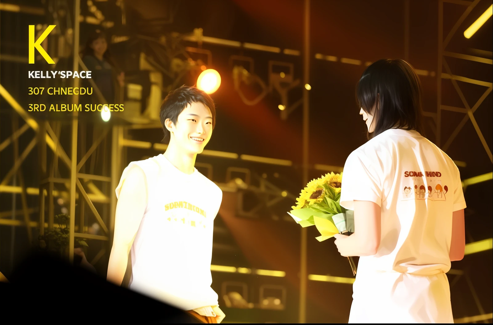 Two people stood on stage holding flowers, kind!! allure, huang yuxing and aya takano, On stage, standing!!, !subtle smiling!, scene!!, complex!!, be on stage, Close-up!!!!!!, distance!!!!!!! Shot, 1 st place, smileing nright, Innocent smile, Kentaro Miura!