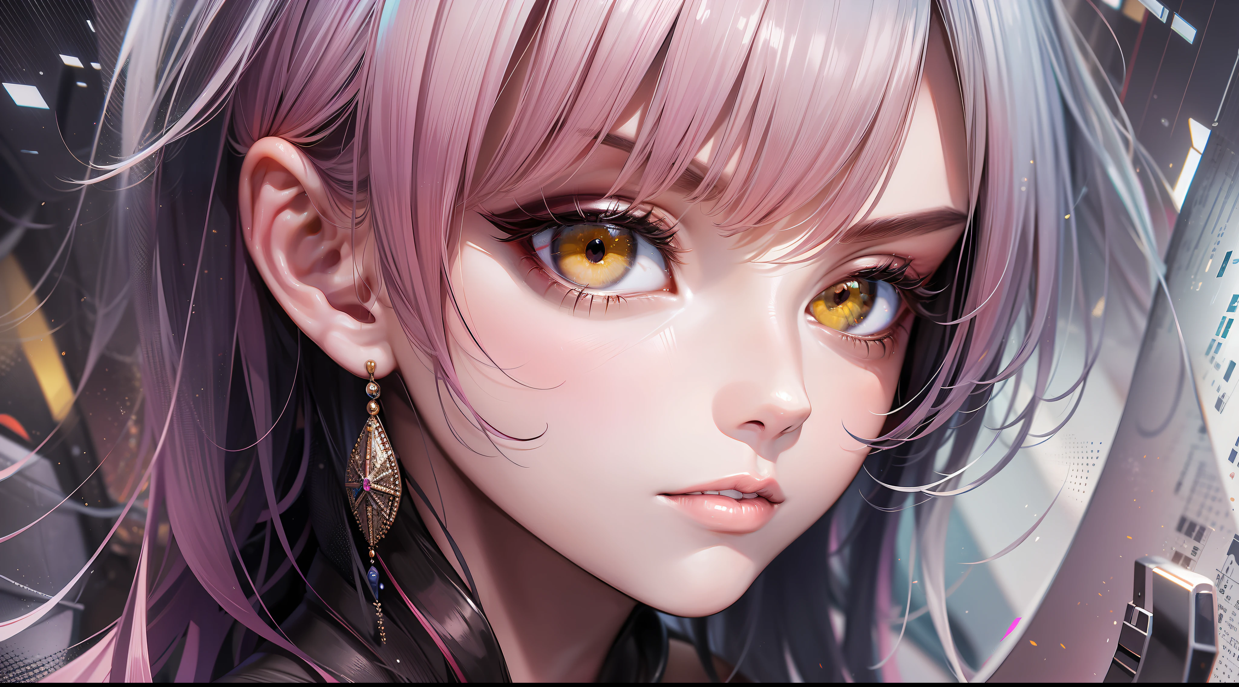 ​masterpiece、top-quality、a japanese girl, Realistic, Light pink and yellow, charming character illustrations, yellow, Black and pink, Cyberpunk, Look down diagonally to the right, Icy stare, striated hair, multicolored hair, Silver hair, Pink hair, Empty eyes, makeup, Crazy, scowl, Jitome, Digital Art, surrealism, high detailing, Cubist Futurism, A futuristic, Realism, Glowing light, high detailing, Cubist Futurism, emphasis lines, NIKON, close-up, Textured skin, high details, awardwinning, hight resolution, Best Quality, nffsw, retinas, masutepiece, ccurate, Anatomically correct, Textured skin, Super Detail, high details, High quality, awardwinning, Best Quality, hight resolution