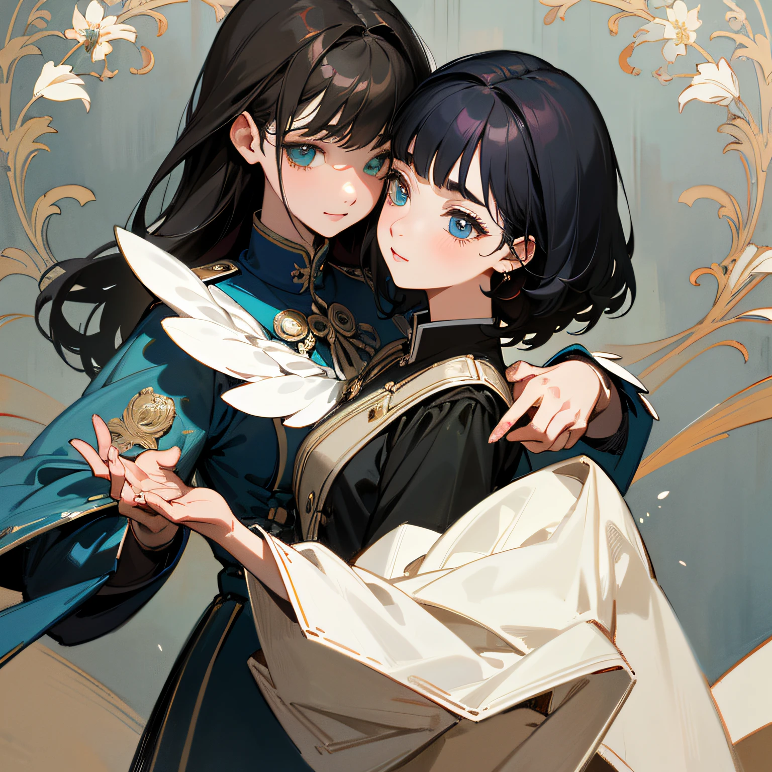 hight resolution,ultra-detailliert,Official art,Beauty and aesthetics,​masterpiece,best qualtiy,ighly detailed,Variegated,Most details、Shining eyes、Detailed eyes、face perfect、enigmatic、A dark-haired、National Uniform、Dance by two women