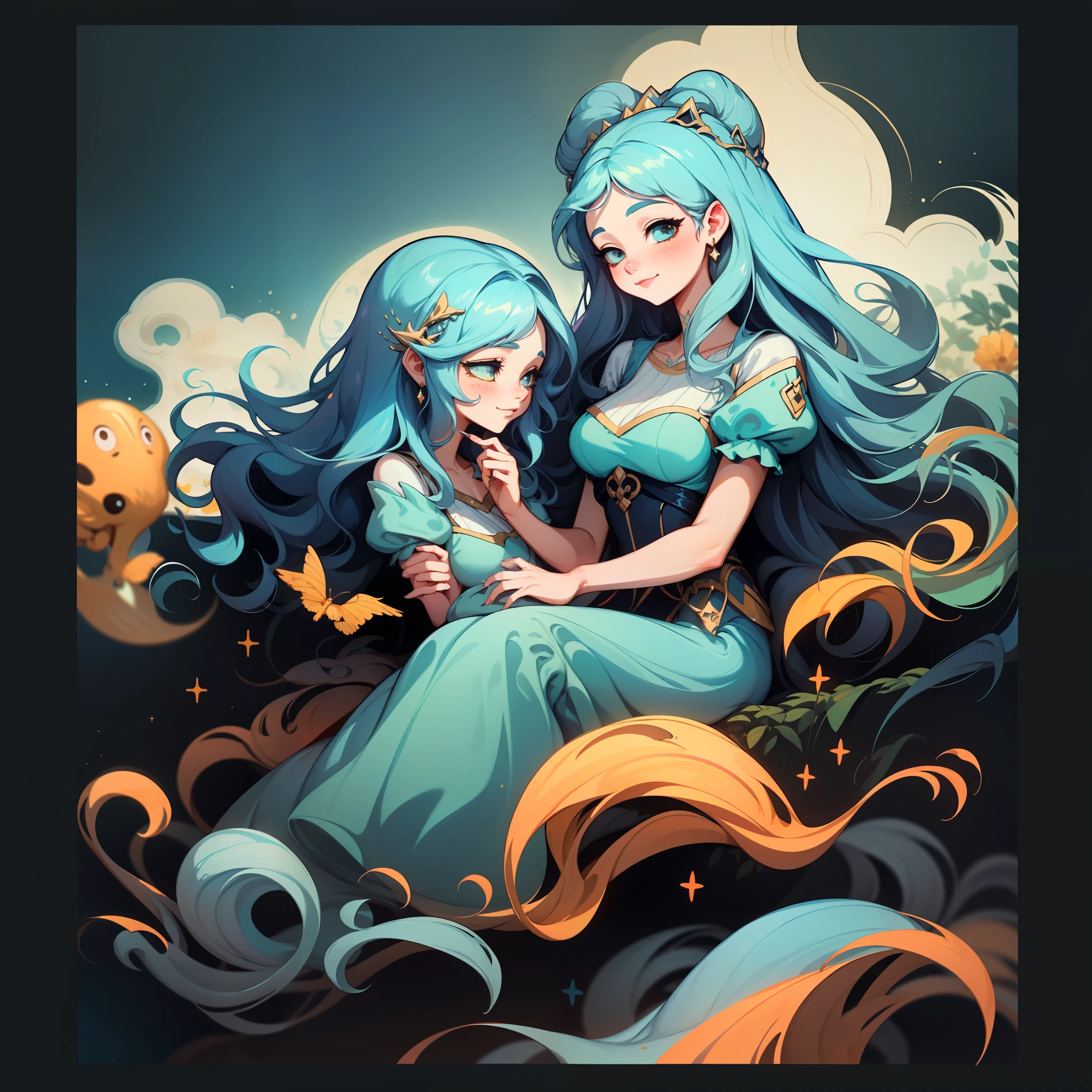 adesivo, fundo simples, retrato, 2 girls, couple, girl with long hair, girl smilling, princess aesthetics, beautiful princess girl, very beautiful fantasy art, beautiful and elegant female princess, beautiful detailed fantasy, yellow and blue color palate, yellow color-theme