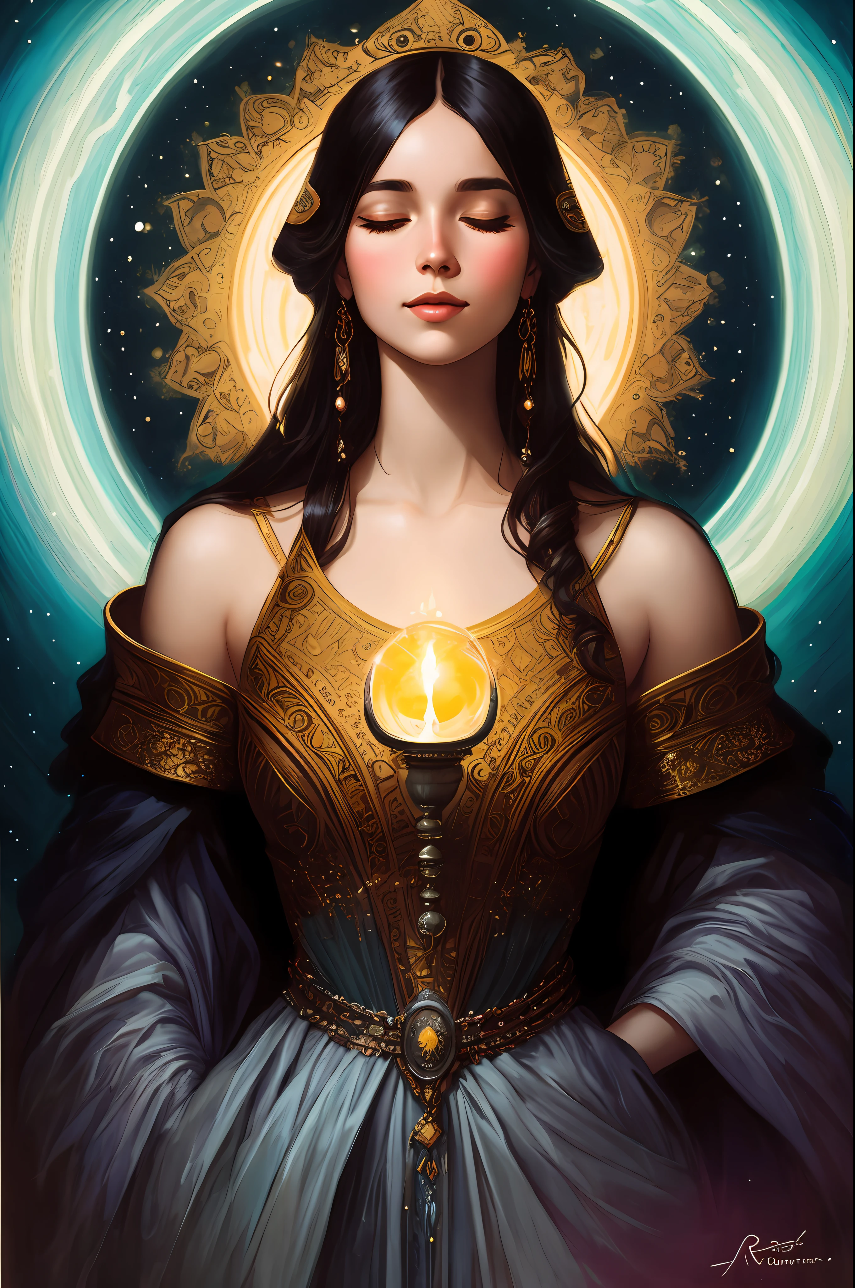A beautiful Latin woman, full body, looking at the audience, symmetrical, eyes closed, smiling slightly, spiritual awakening, intricate details, cosmos, ethereal, mysterious, complex environments, brushstrokes, lights, Greg Rutkowski, RHADS, Beeple, Makoto Shinkai, Lois van Baarle, Ilya Kuvshinov, Rossdraws, Tom Bagshaw, Alfonse Mucha , masterpiece, super high resolution, high quality,