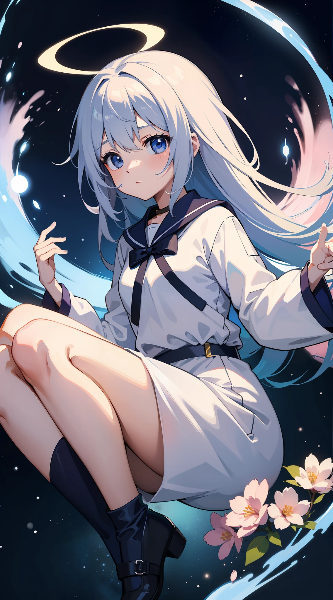 Become a woman。magical 。Wearing a white T-shirt and dark blue pants。Wishing for a starry sky。Hope for space。It is an anime-style illustration。Beautiful with the best image quality