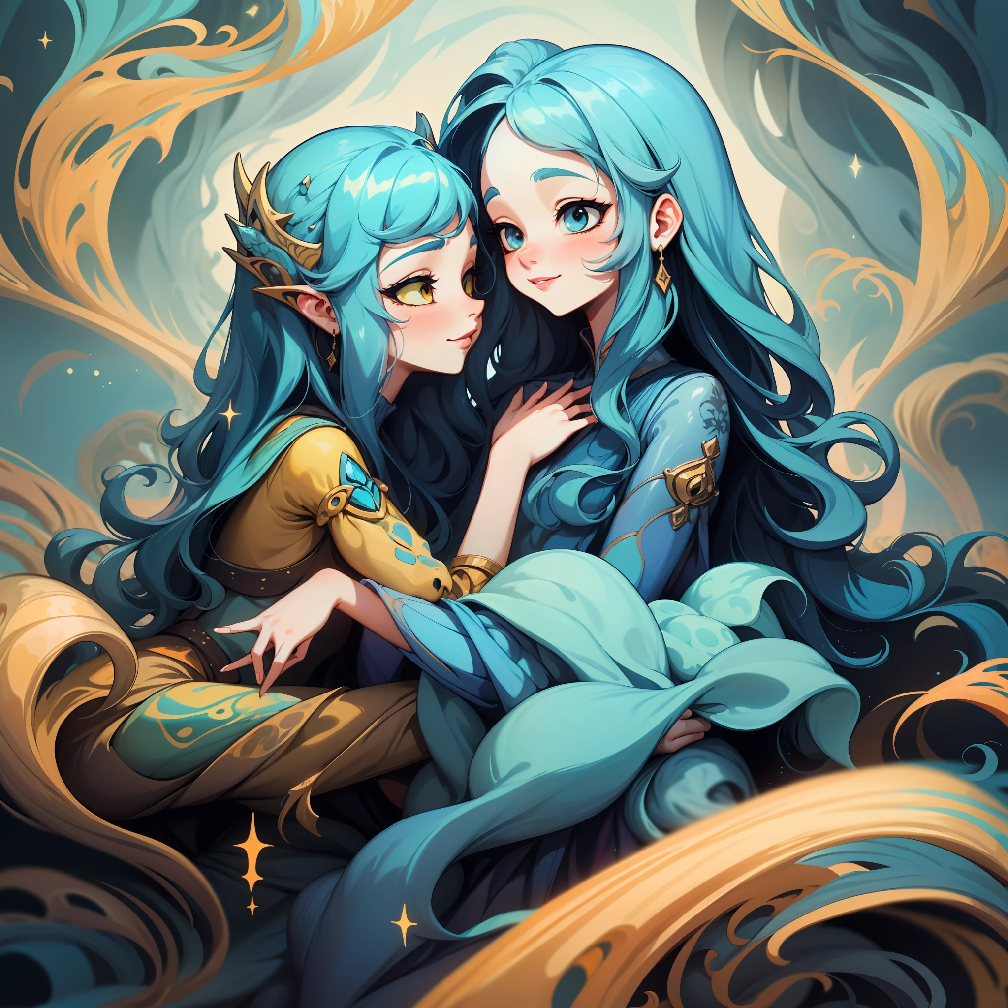 adesivo, fundo simples, retrato, 2 girls, couple, girl with long hair, girl smilling, princess aesthetics, beautiful princess girl, very beautiful fantasy art, beautiful and elegant female princess, beautiful detailed fantasy, yellow and blue color palate, yellow color-theme