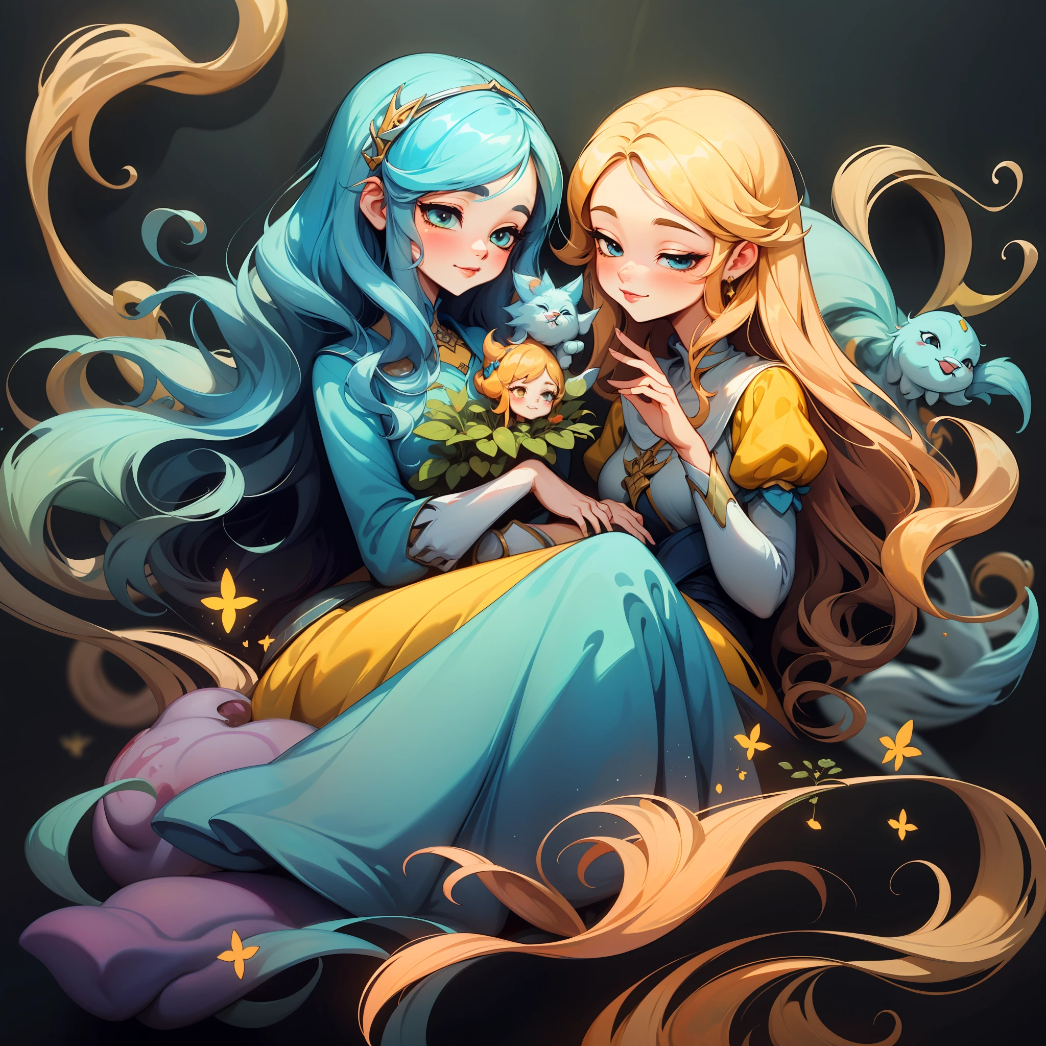 adesivo, fundo simples, retrato, 2 girls, couple, girl with long hair, girl smilling, princess aesthetics, beautiful princess girl, very beautiful fantasy art, beautiful and elegant female princess, beautiful detailed fantasy, yellow and blue color palate, yellow color-theme