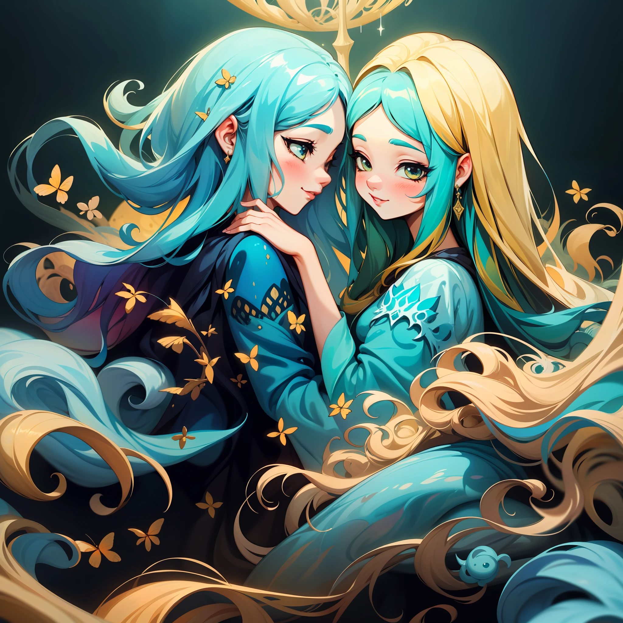 adesivo, fundo simples, retrato, 2 girls, couple, girl with long hair, girl smilling, princess aesthetics, beautiful princess girl, very beautiful fantasy art, beautiful and elegant female princess, beautiful detailed fantasy, yellow and blue color palate, yellow color-theme