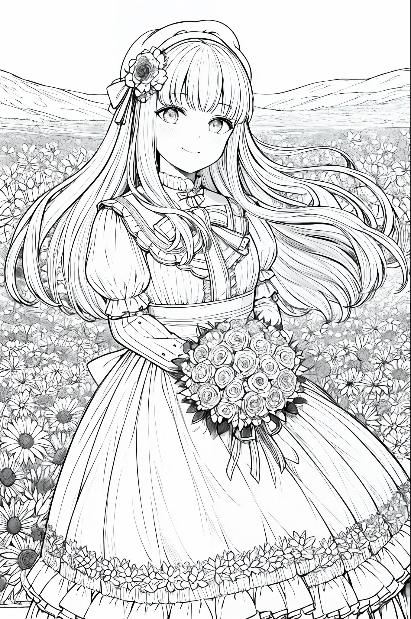 masterpiece, best quality, 1girl, solo, long_hair, looking_at_viewer, smile, bangs, skirt, shirt, long_sleeves, hat, dress, bow, holding, closed_mouth, flower, frills, hair_flower, petals, bouquet, holding_flower, center_frills, bonnet, holding_bouquet, flower field, flower field, lineart, monochrome,