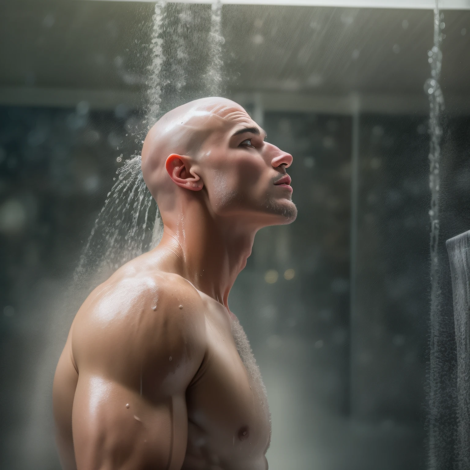 A heavily built bald athlete with a broad chest and a slim waist taking a shower under a cascading downpour, steam enveloping the scene, soapy bubbles floating around, modern tiles, bright modern bathroom setting, medium view, seen from a low angle