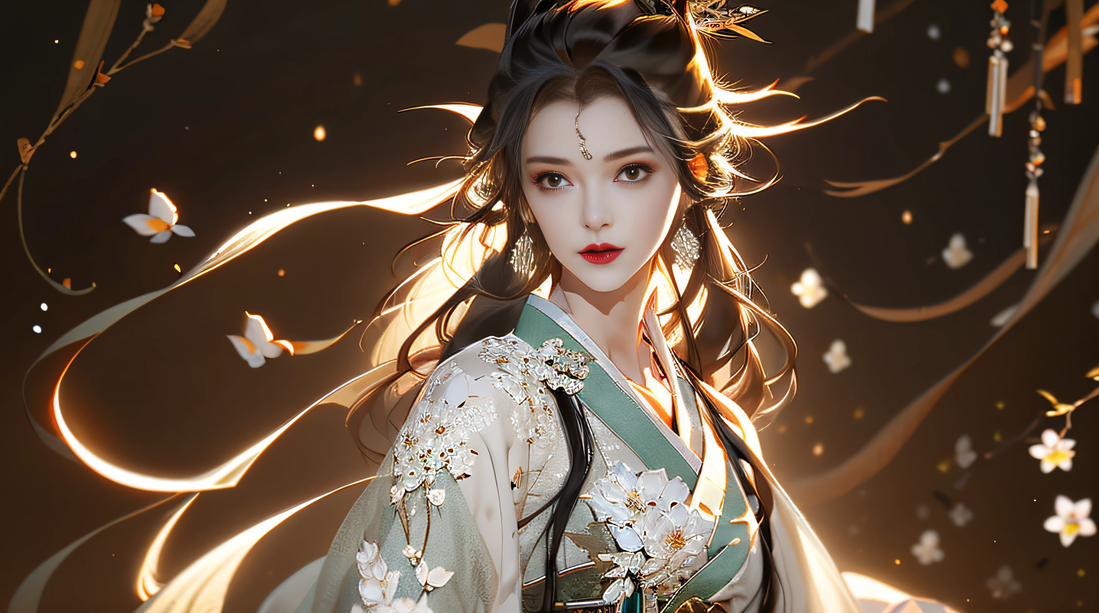 Beautiful details for girl,Very detailed eyes and face,Beautiful eye details,Super detailed,A high resolution,Very detailed,The best quality,illustration,Exquisite details,Best quality,Very detailed CG,8K wallpapers,A woman,woods,Long black hair,horsetail,Hanfu girl,blossoms,Complex textures,Streamers,navel,Shoulder,the complex background,Half body,Solo