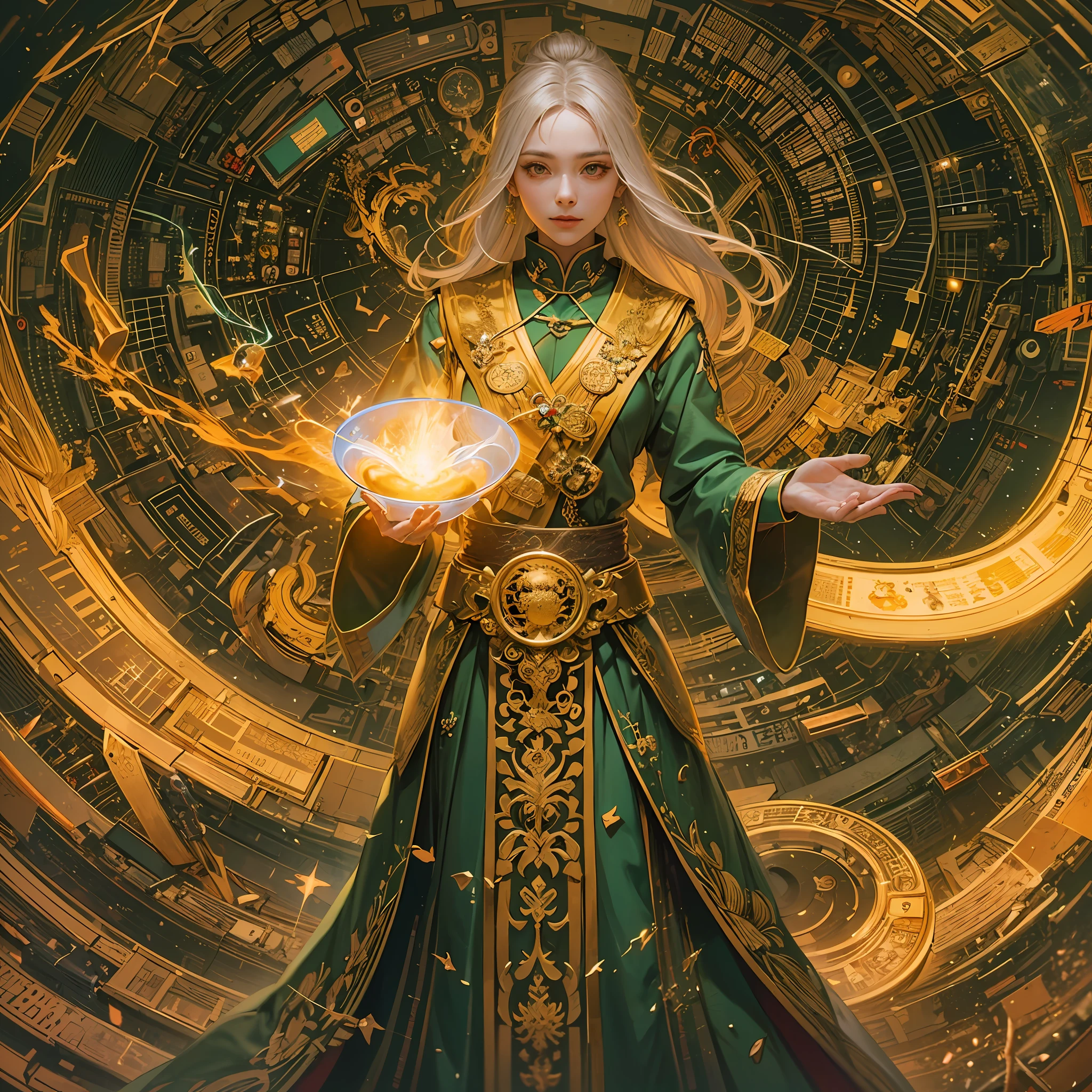 A golden female Taoist priest lit with pixels, floating within the matrix. She holds up an alchemy crucible in her left hand, energy flowing through her circuits. Streams of galactic data swirling behind her.