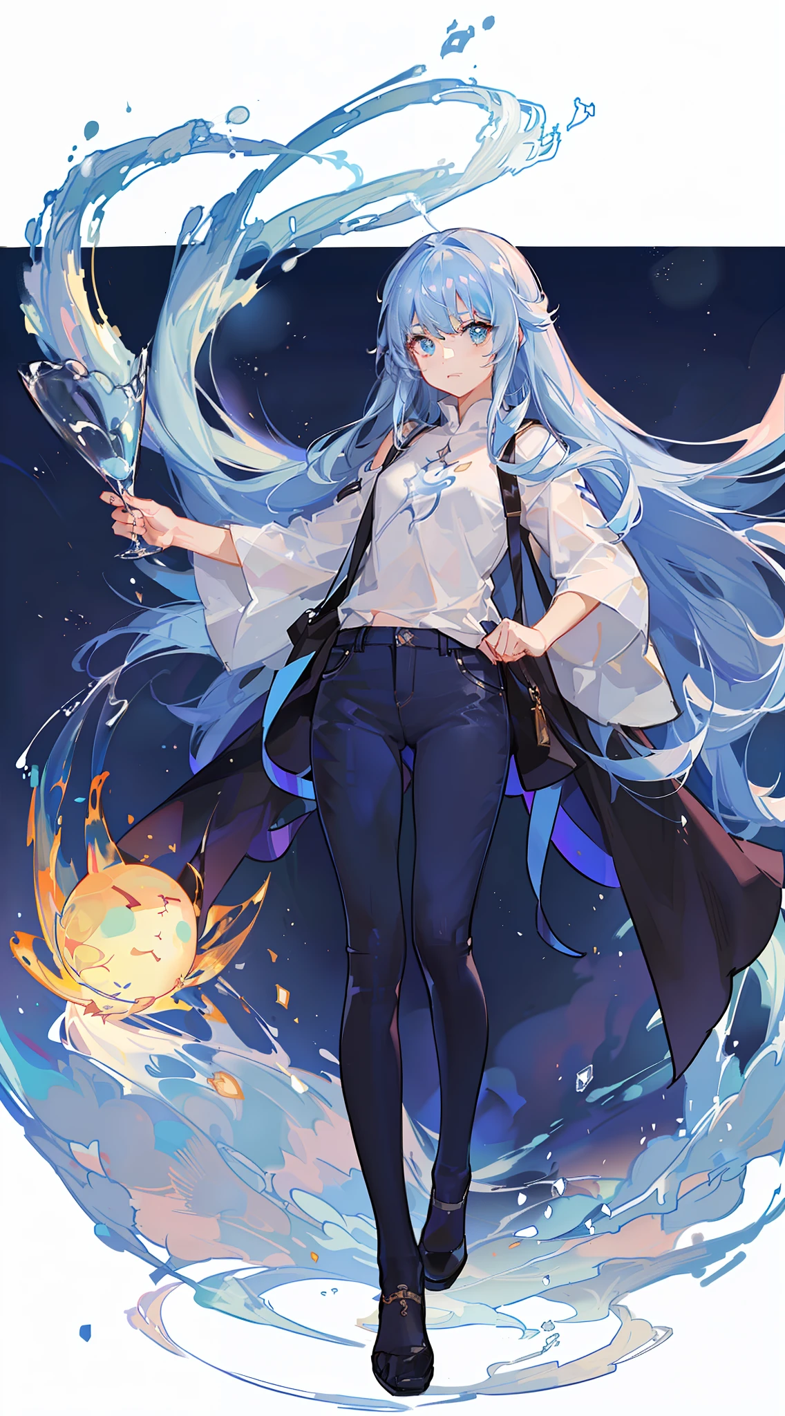 Become 。magical 。Wearing a white T-shirt and dark blue pants。Wishing for a starry sky。Hope for the universe。It is an anime-style illustration。Beautiful with the best image quality