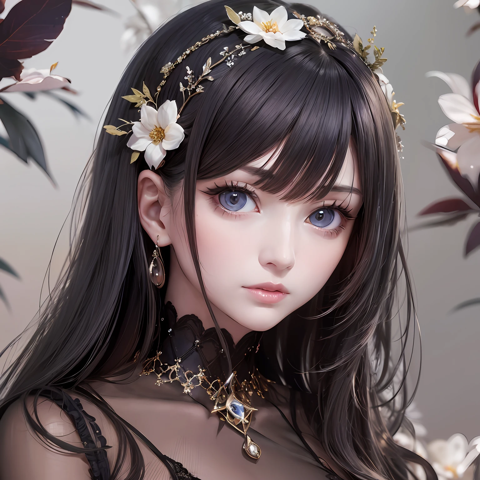 animesque、Clear, Papayawhip eyes that moisturize、Beautiful woman like a fashion model、a closeup、portlate、Beautiful, Beautiful black hair without hair ornaments, hight resolution, top-quality, masterpiece, 8k wallpaper、 One Person、Beautiful skin、17age、