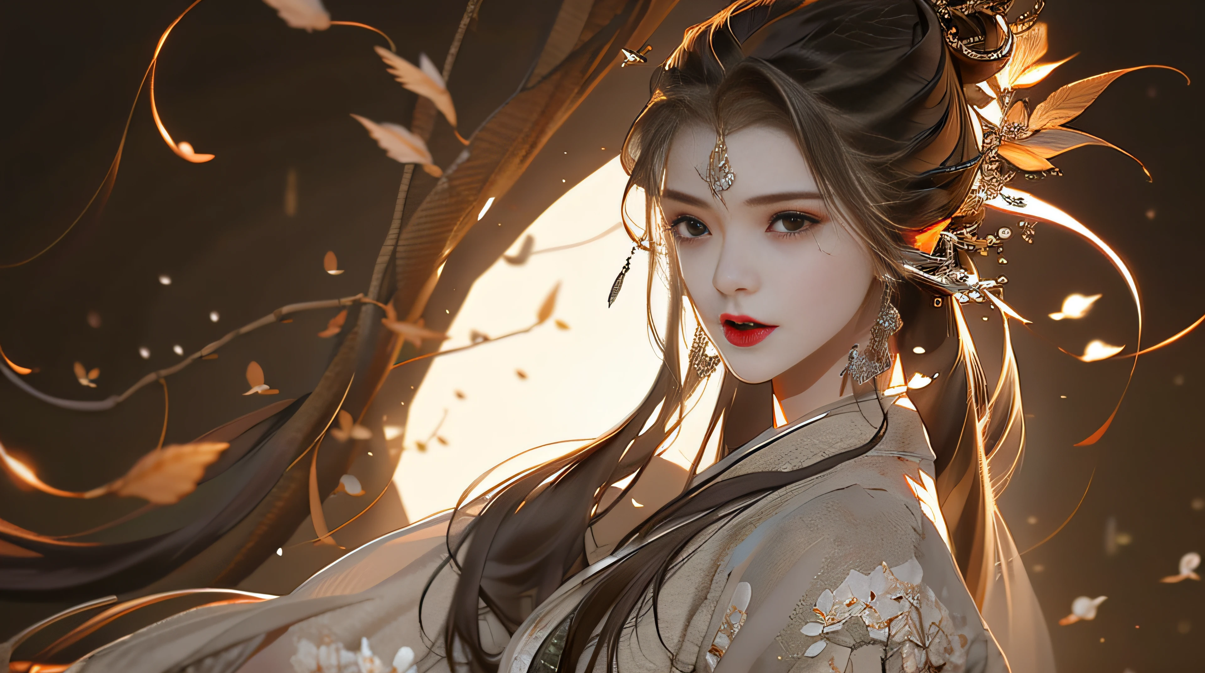Beautiful details for girl，Very detailed eyes and face，Beautiful eye details，Super detailed，A high resolution，Very detailed，The best quality，illustration，Exquisite details，Best quality，Very detailed CG，8K wallpapers，A woman，woods，Long black hair，horsetail，Hanfu girl，blossoms，Complex textures，Streamers，navel，Shoulder，the complex background，Half body，Solo