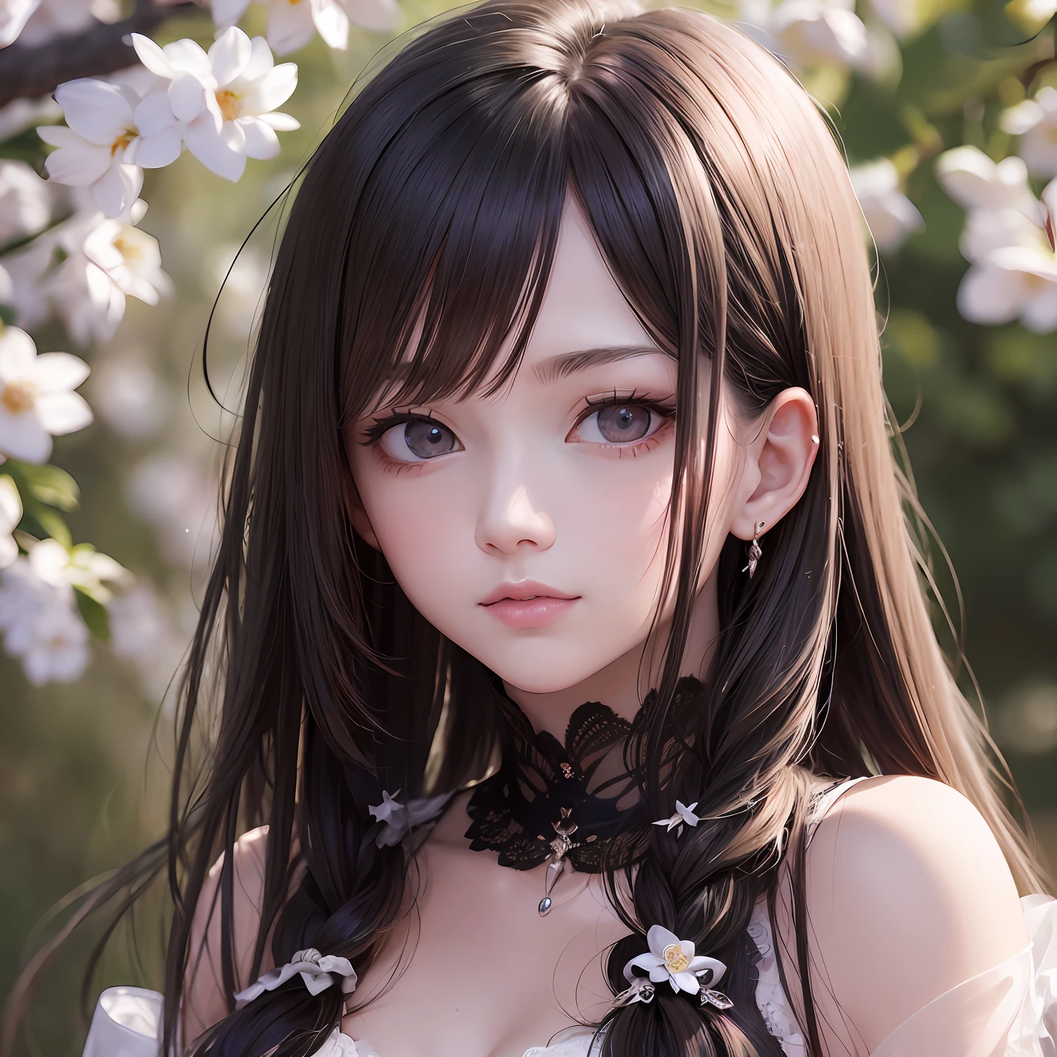animesque、Clear, Papayawhip eyes that moisturize、Beautiful woman like a fashion model、a closeup、portlate、Beautiful, Beautiful black hair without hair ornaments, hight resolution, top-quality, masterpiece, 8k wallpaper、 One Person、Beautiful skin、17age、