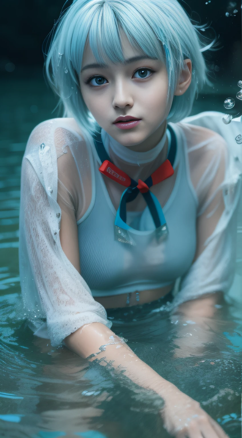 ((Rei Ayanami)from a(Neon Genesis Evangelion)), (Face the camera directly), (Immerse in water to ankle depth,), Realistic beautiful girl full body portrait, , Fantastic face, In a sitting position, playing in the water, 8k resolution concept art portrait, Midsummer sky and Japan countryside, 3D Shading, Cinematic, elegant organic framing, Hyper-Realism, Wet gouache, Reallife Human,