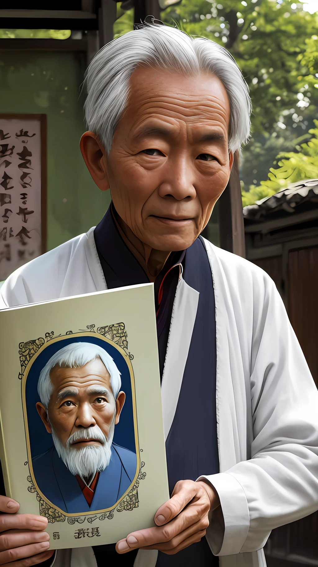 An old man in rural China,Big eyes,lofty nose,Gray hair,This book in hand,Front bust photo,Facing us --auto