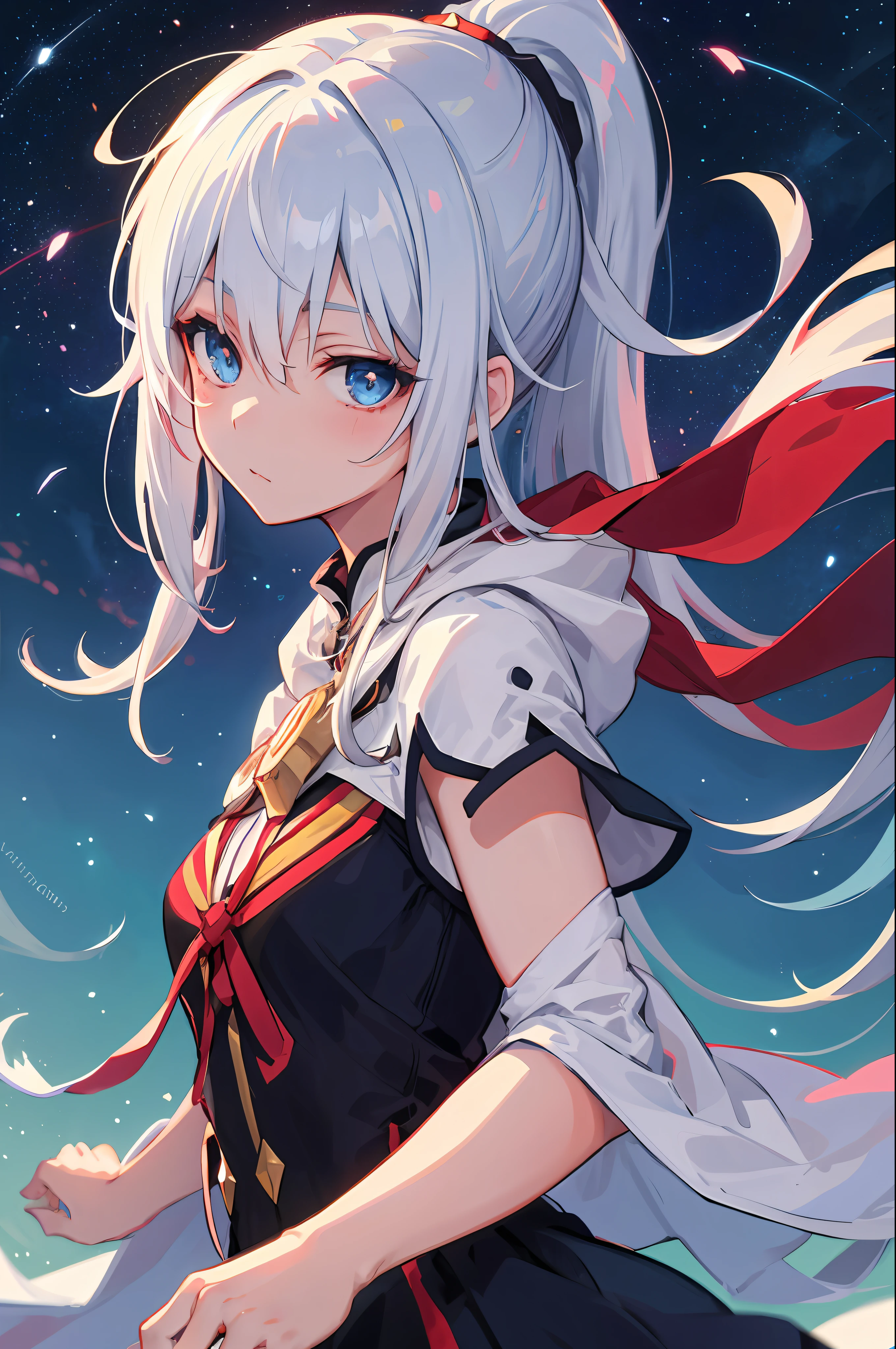 White hair, blue eyes, high ponytail, cape,Red hair gradient,{{best quality}}, {{masterpiece}}, {{ultra-detailed}}, {illustration}, {detailed light}, {an extremely delicate and beautiful}, a girl, {beautiful detailed eyes}, stars in the eyes, messy floating hair, colored inner hair, Starry sky adorns hair, depth of field,
