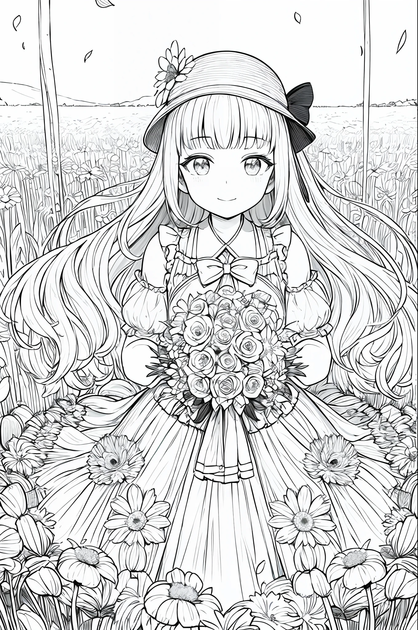 tmasterpiece,Best quality at best,1girl,独奏,long whitr hair,lookingat_peeping at the viewer,ssmile,By bangs,battlemech,Mechanical shirts,longer sleeves,Hats,battle garment,Bow knot,Take it,Keep one's mouth shut,florals,frilld,hair_flower,petals,flower bouquet,holding_flower,center_frills,holding_bouquet , flower field, flower field, Line drawings, Mono Color,