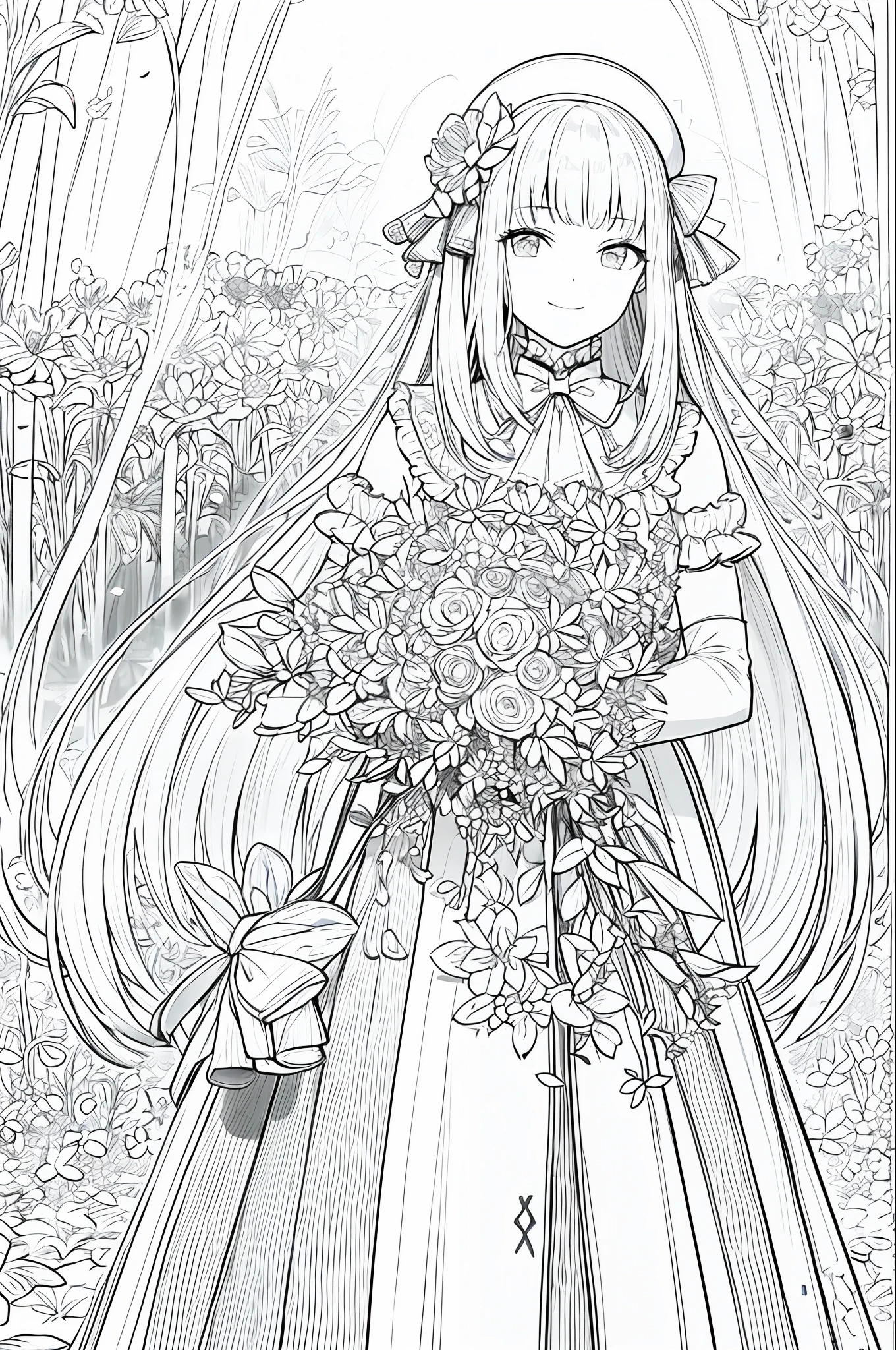 tmasterpiece,Best quality at best,1girl,独奏,long whitr hair,lookingat_peeping at the viewer,ssmile,By bangs,battlemech,Mechanical shirts,longer sleeves,Hats,battle garment,Bow knot,Take it,Keep one's mouth shut,florals,frilld,hair_flower,petals,flower bouquet,holding_flower,center_frills,holding_bouquet , flower field, flower field, Line drawings, Mono Color,