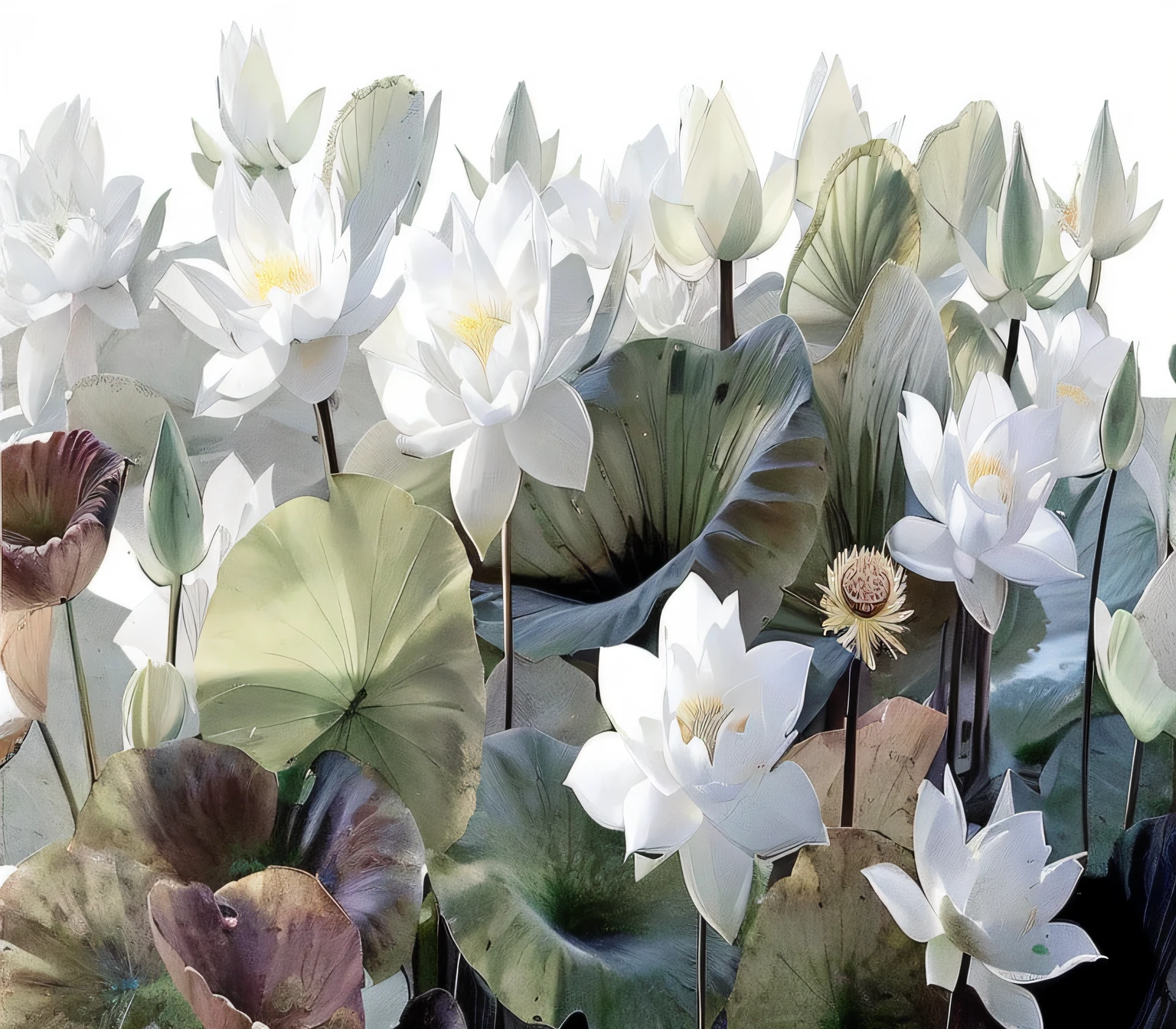 Many white flowers grow in the grass, lotuses, lotuses, Lotus pond, with lotus flowers, water lilies, lotus flowers on the water, lillis, lotus petals, Lotus, the lilies. 8 k'', author:Paulo Davis, lilies, waterlily pond, Background with, surreal waiizi flowers, standing gracefully upon a lotus