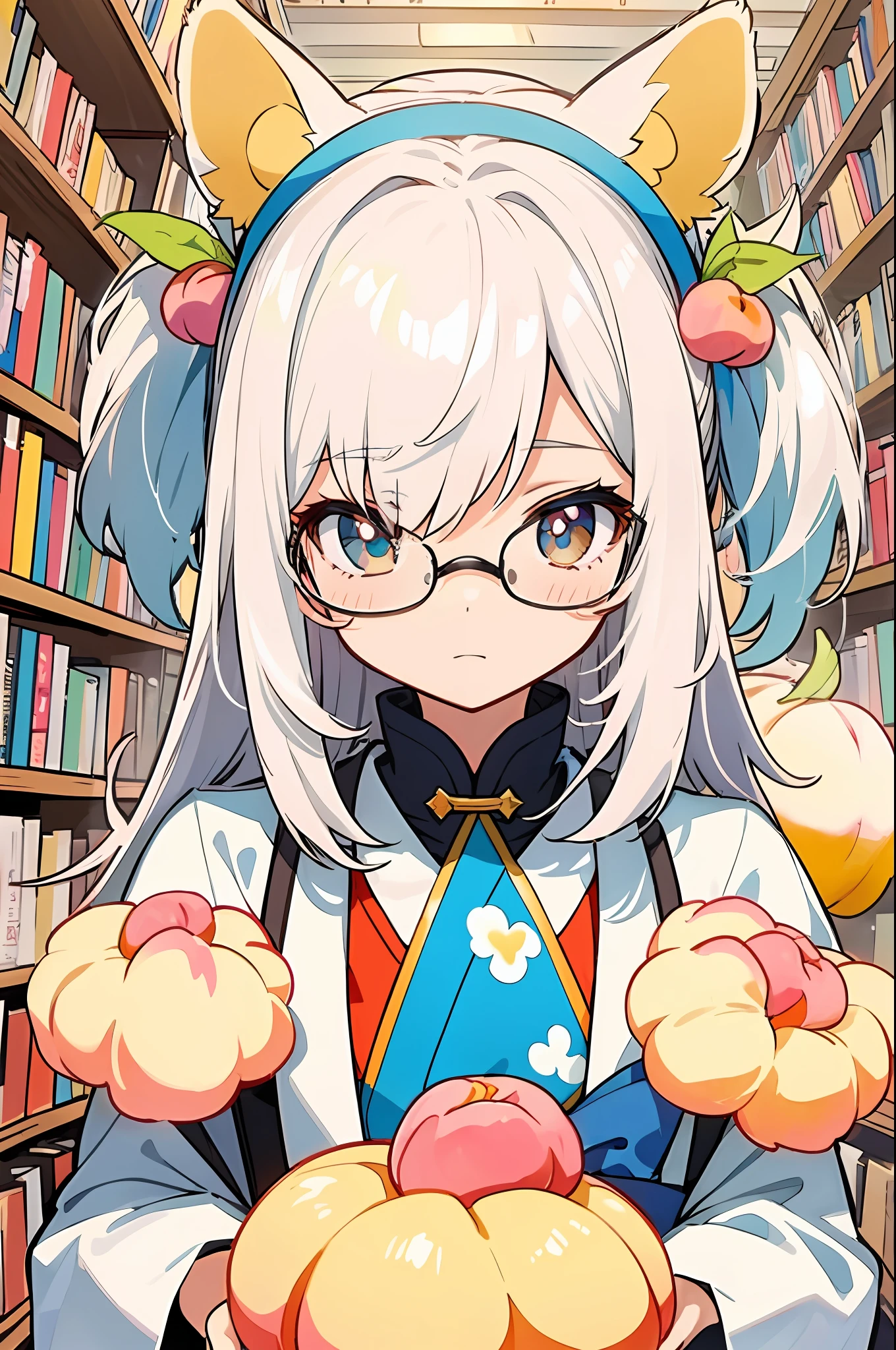 （tmasterpiece，best qualtiy）by Mika Pikazo，A detailed，1girll，独奏，nerds，libraryai，no outline，Colorful flat coloring，eye glass，warmth，peaches，white color hair