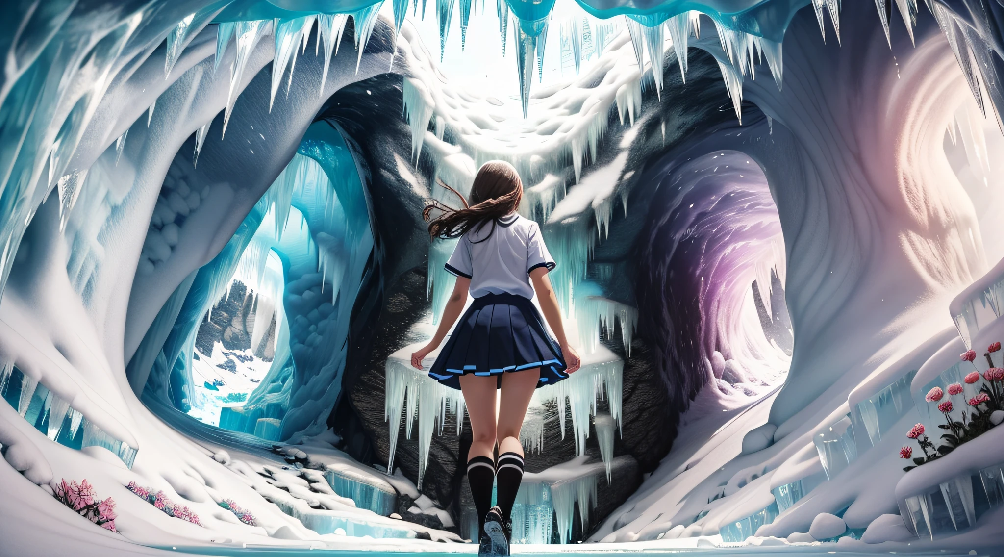(masterpiece), (best quality), (ultra-detailed), (Amazing:1.1), 12mm f2.8 lens, ((((full body), back shot, jumping))), ((((A high school girl with a full body back shot in the beautiful ice cave and many flowers)))), jewels, (((((without looking at me))))), ((A beautiful high school girl lost in a surreal world of dreamlike landscapes)), (r old), (((beautiful ice cave))), A high school girl who goes on a road without a road, wind flow, flowers bloom, (((wearing simple school uniform))), black hair, 8 life size, detailed hairstyles, detailed bodyline, (((fantasy))), frontier, surrealism, (magnificent space), concept art, raw, wallpaper, poster, sharp focus, hyperrealism, crystalline, perfectionism, 4k UHD,